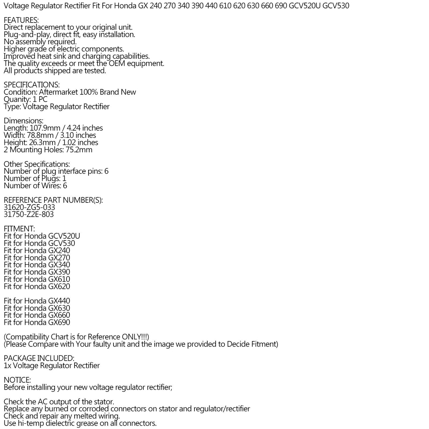 Voltage Regulator Rectifier Fit for Honda GX440 GX630 GX660 GX690 31750-Z2E-803 Generic