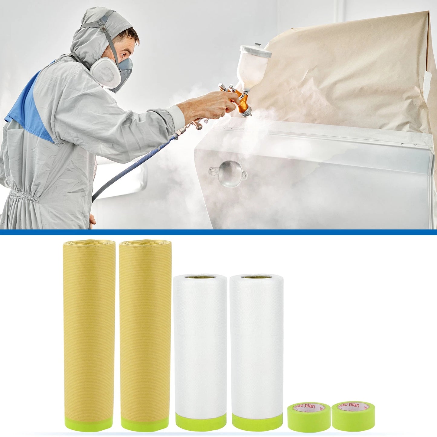 Set of 2 Masking Paper with Tape 2000x140cm for Automotive Use