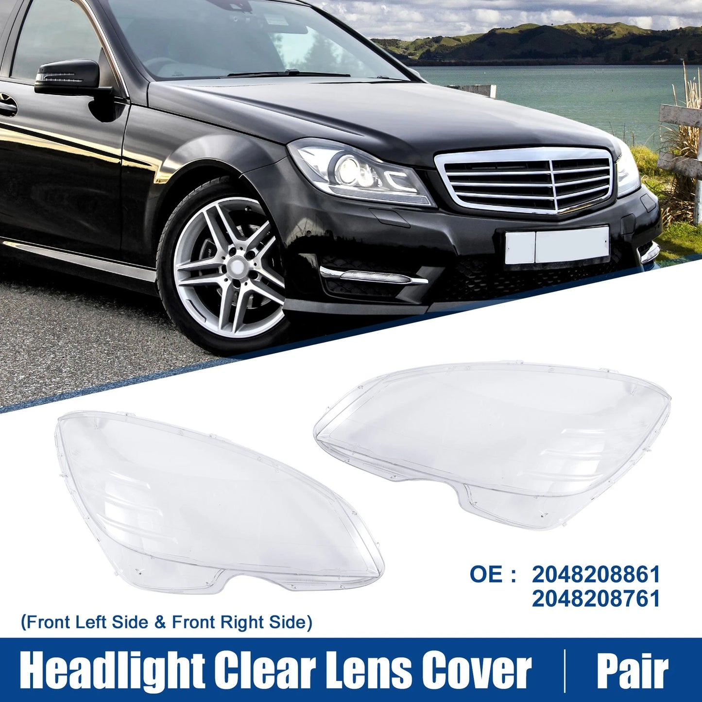 Pair Headlight Clear Lens Cover for Mercedes Benz C-Class W204 (2007–2014) No.2048208861