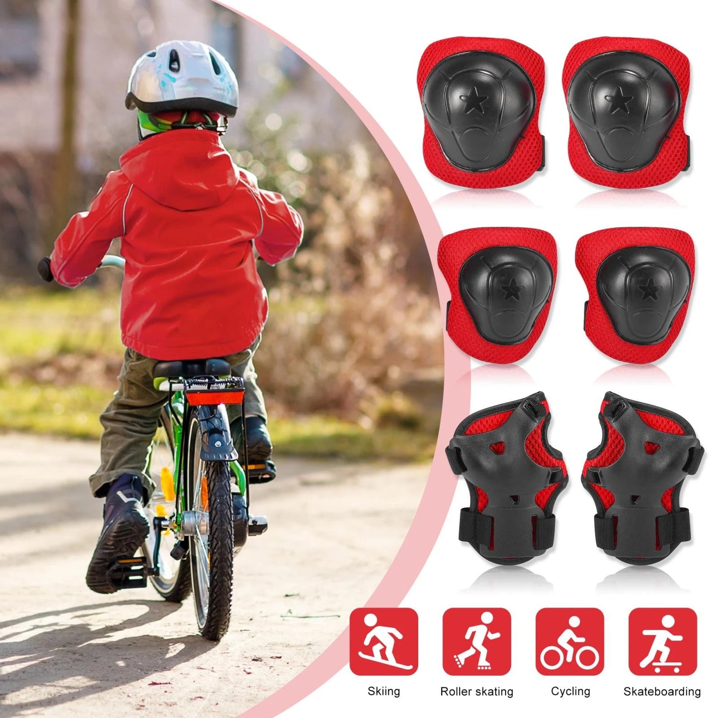 6 Pcs Skateboard Protective Pads for Elbow Knee Support (Red Black)
