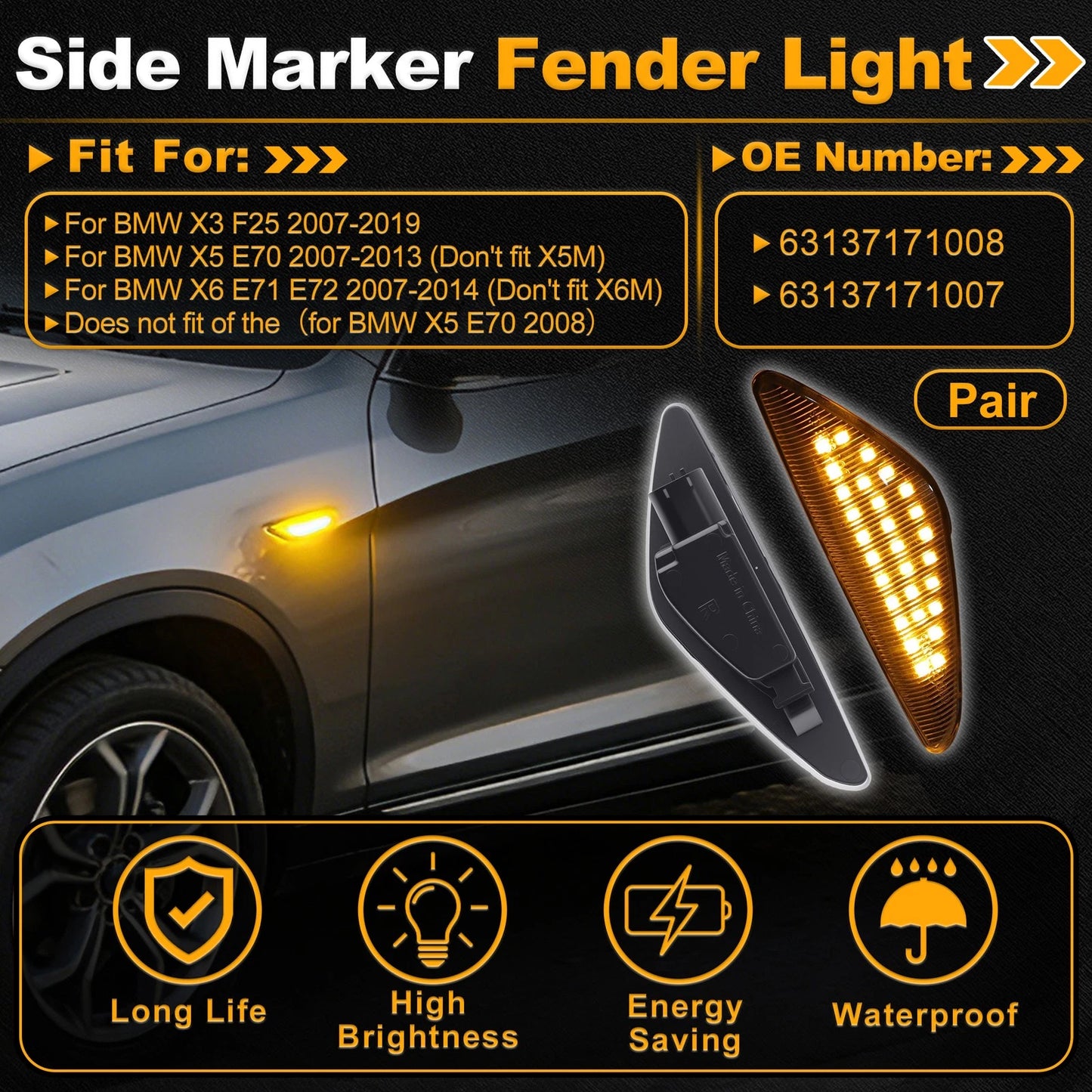 Set of 2 Side Marker Fender Lights for BMW X3 F25 (2007–2019) 63137171008