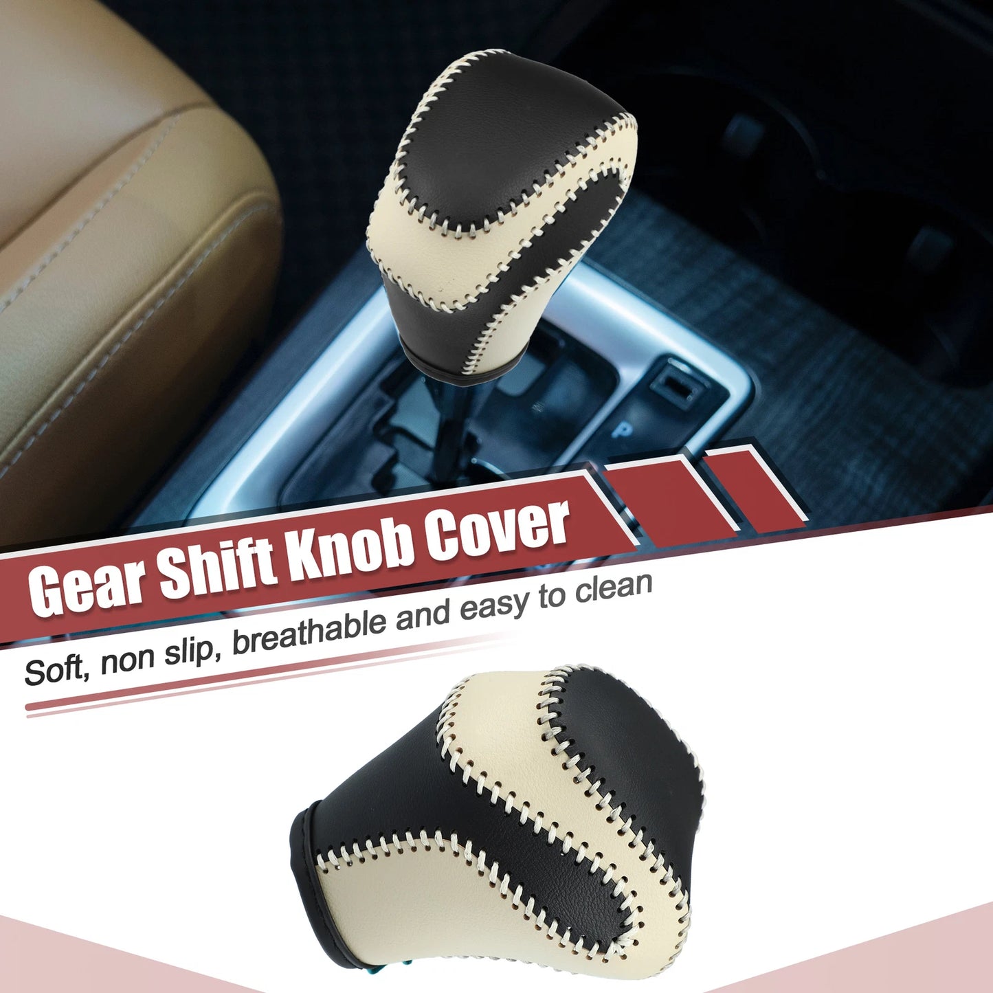 Gear Shift Knob Cover for Toyota Land Cruiser Prado (2018–2023) Black Beige Stitches