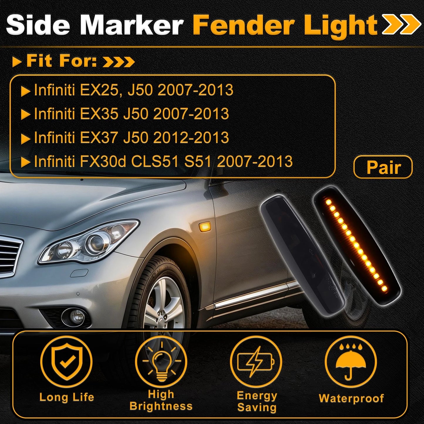 Dynamic Amber LED Side Marker Fender Light for Infiniti EX25 (2007–2013)