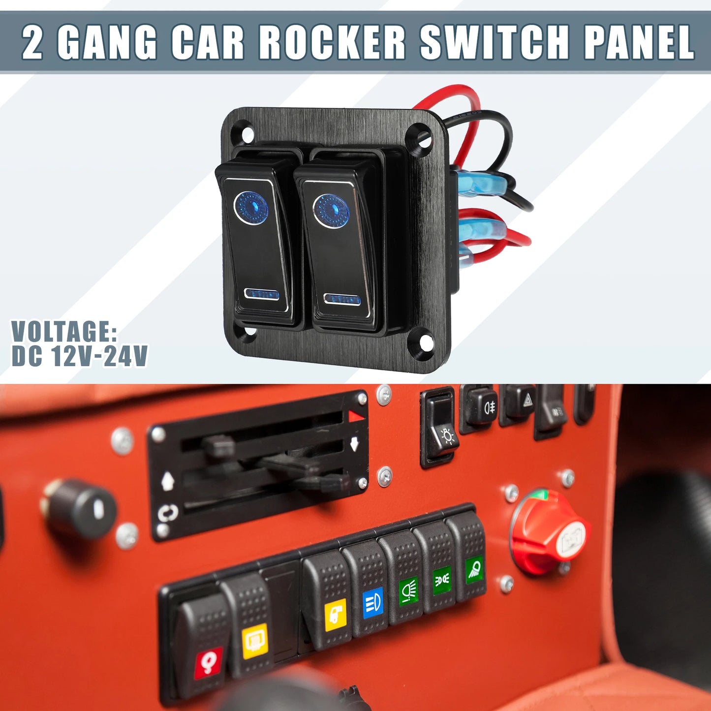 2 Gang Rocker Switch Panel with Blue LED Light for Car