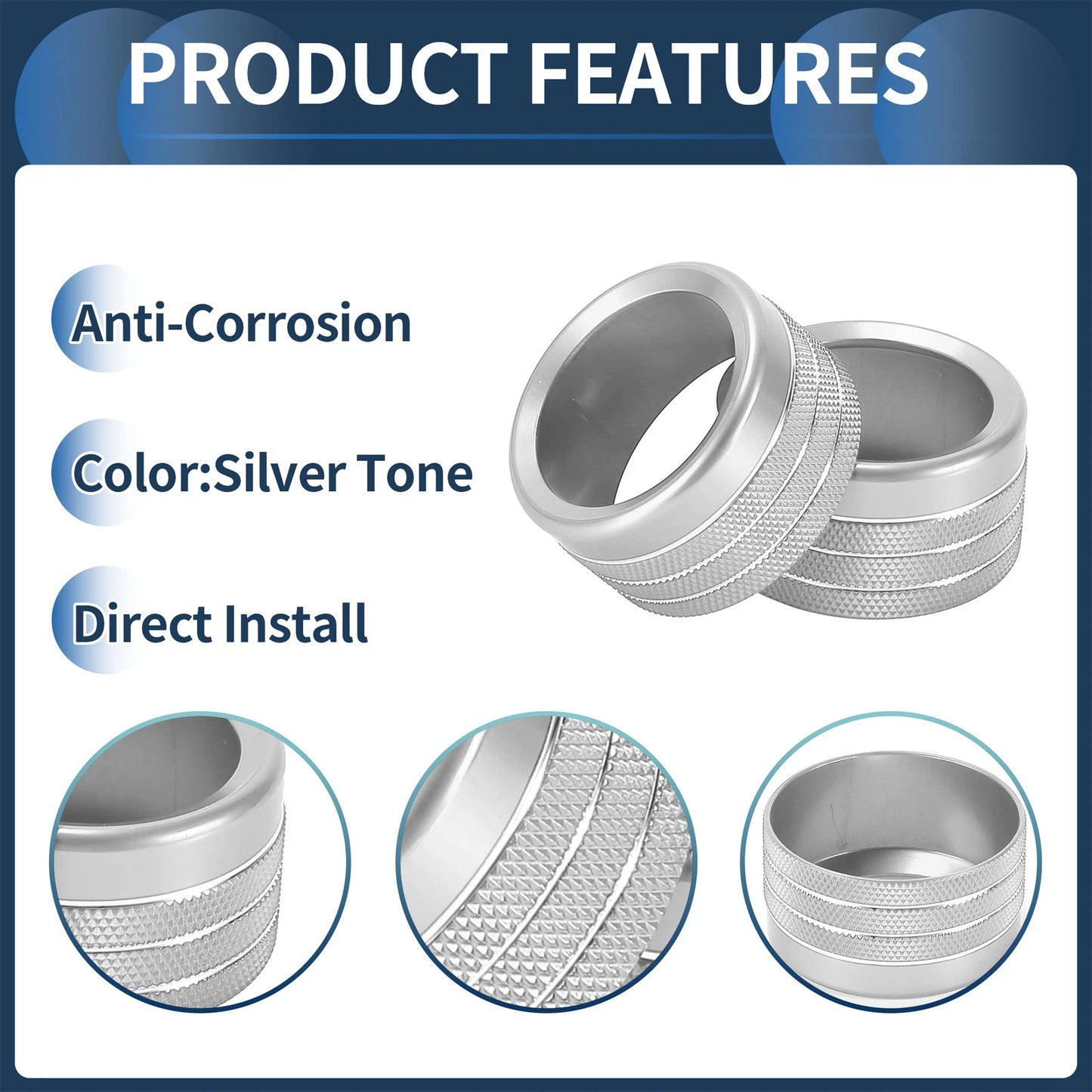 2X Center Console Audio Media Knob Cover for Dodge Ram (2019–2021) Silver Tone
