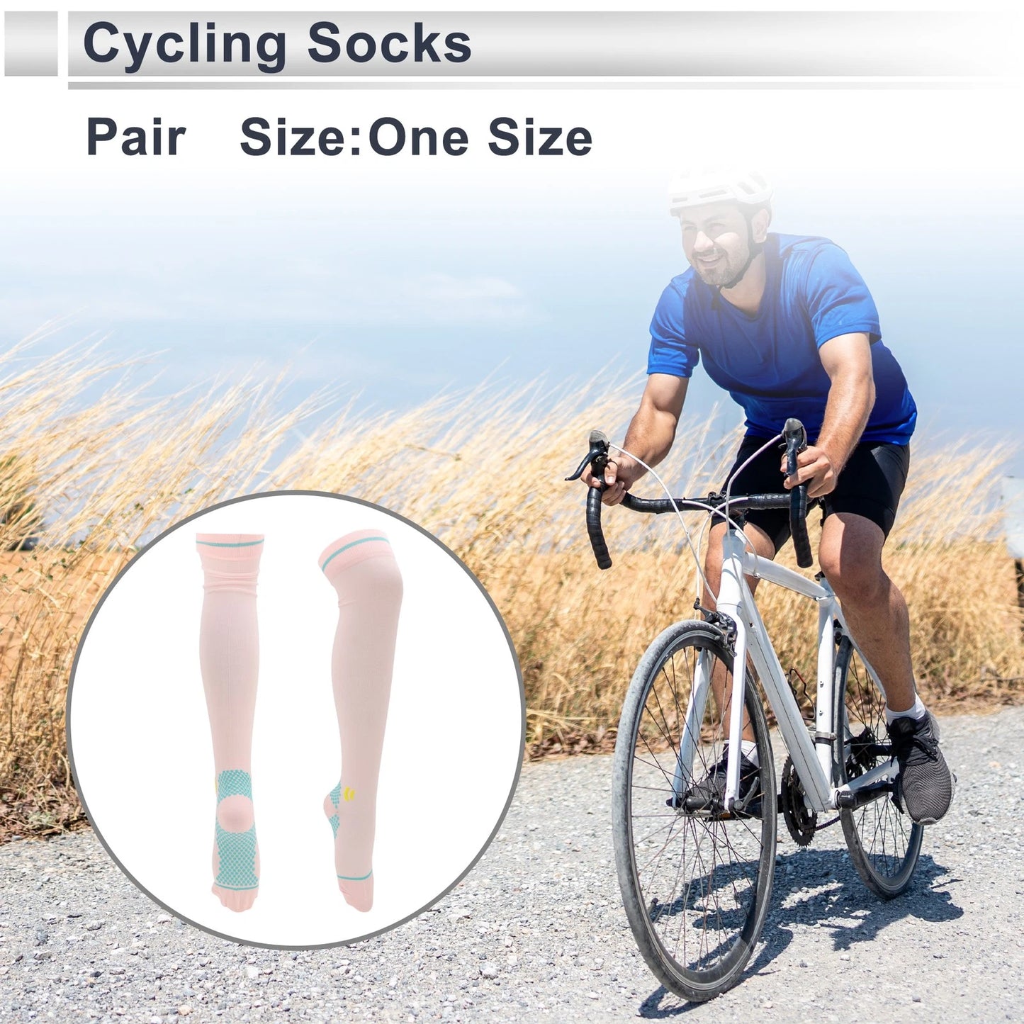 Cycling Socks Quick Drying High-Cut Light Blue Pink (One Size)