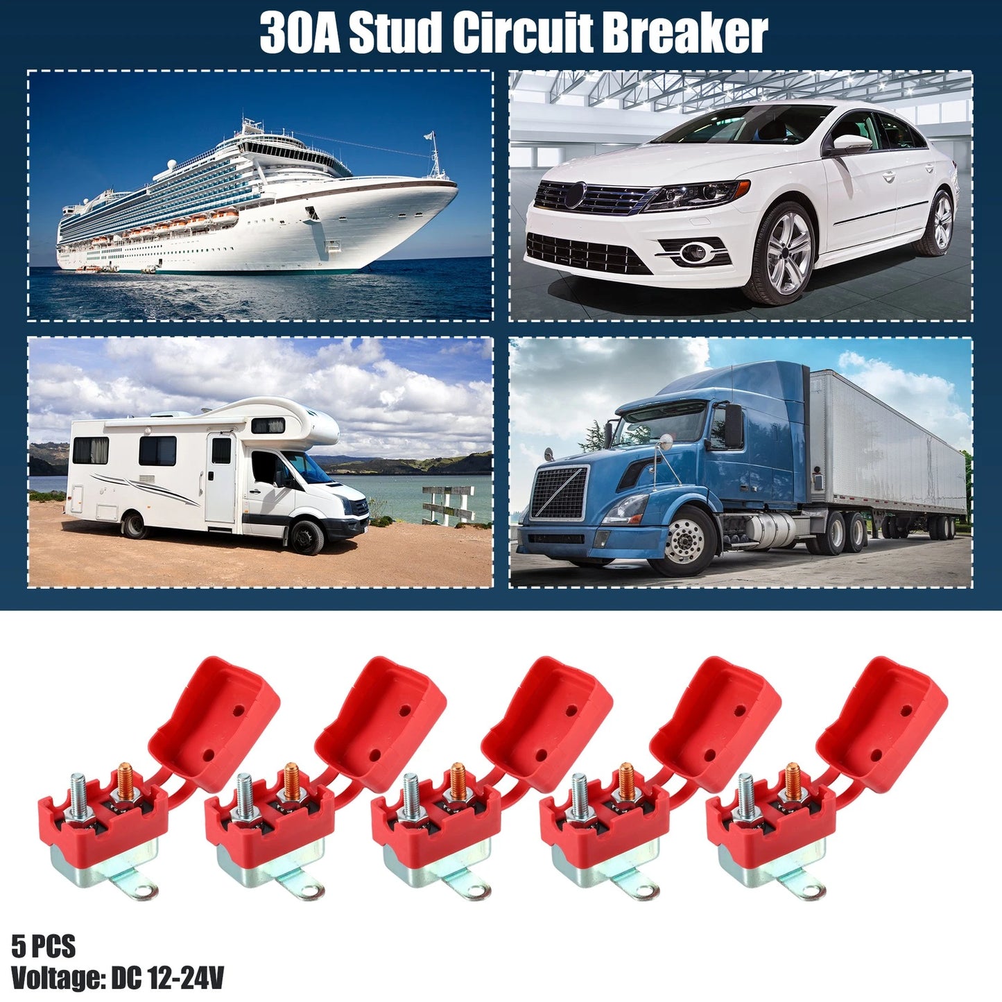 Set of 5 30A Stud Type Circuit Breakers for Car Truck Boat