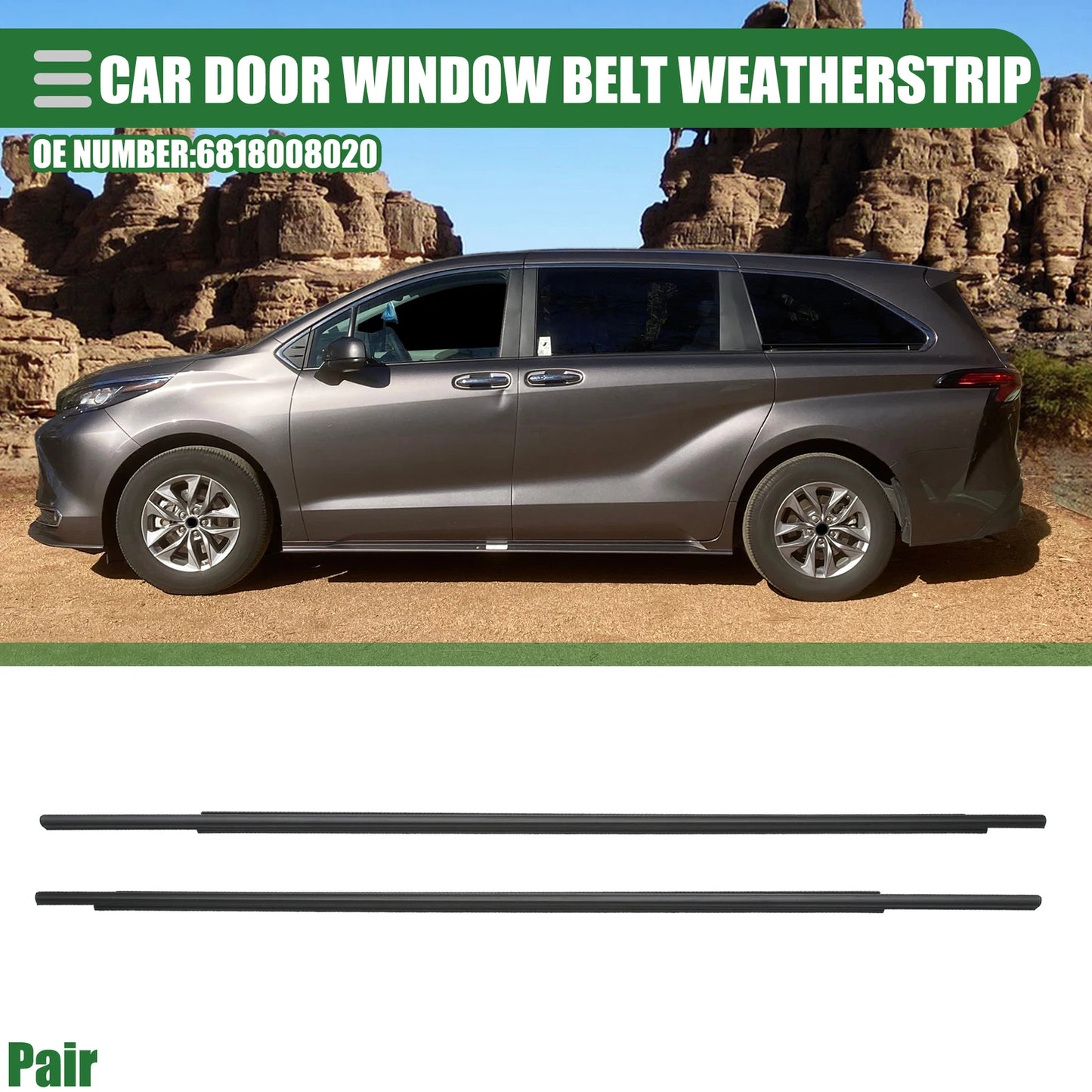 Set of 2 Rear Door Window Belt Weatherstrips for Toyota Sienna (2011–2020)