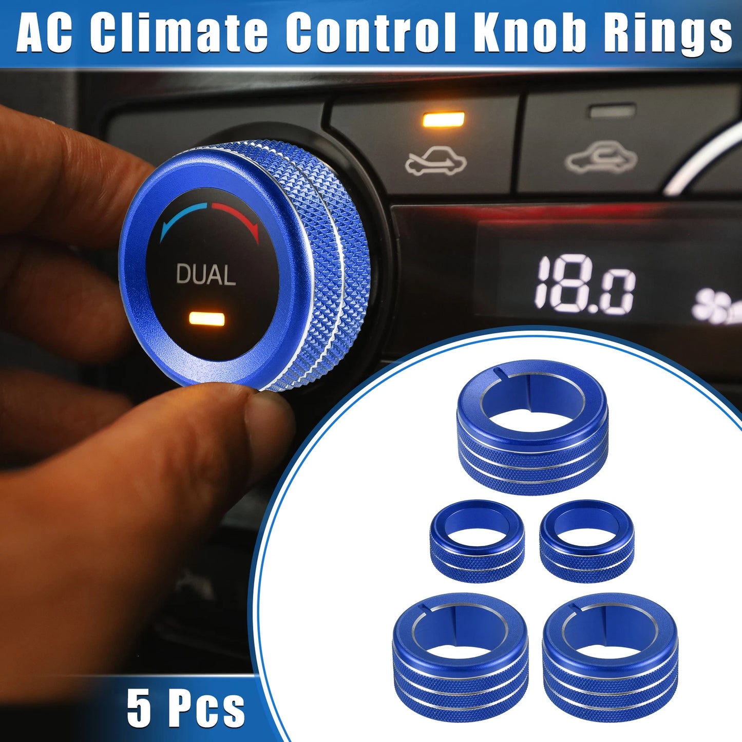 5 Pcs AC Climate Control Knob Rings for Toyota 4Runner (2010–2022) Blue