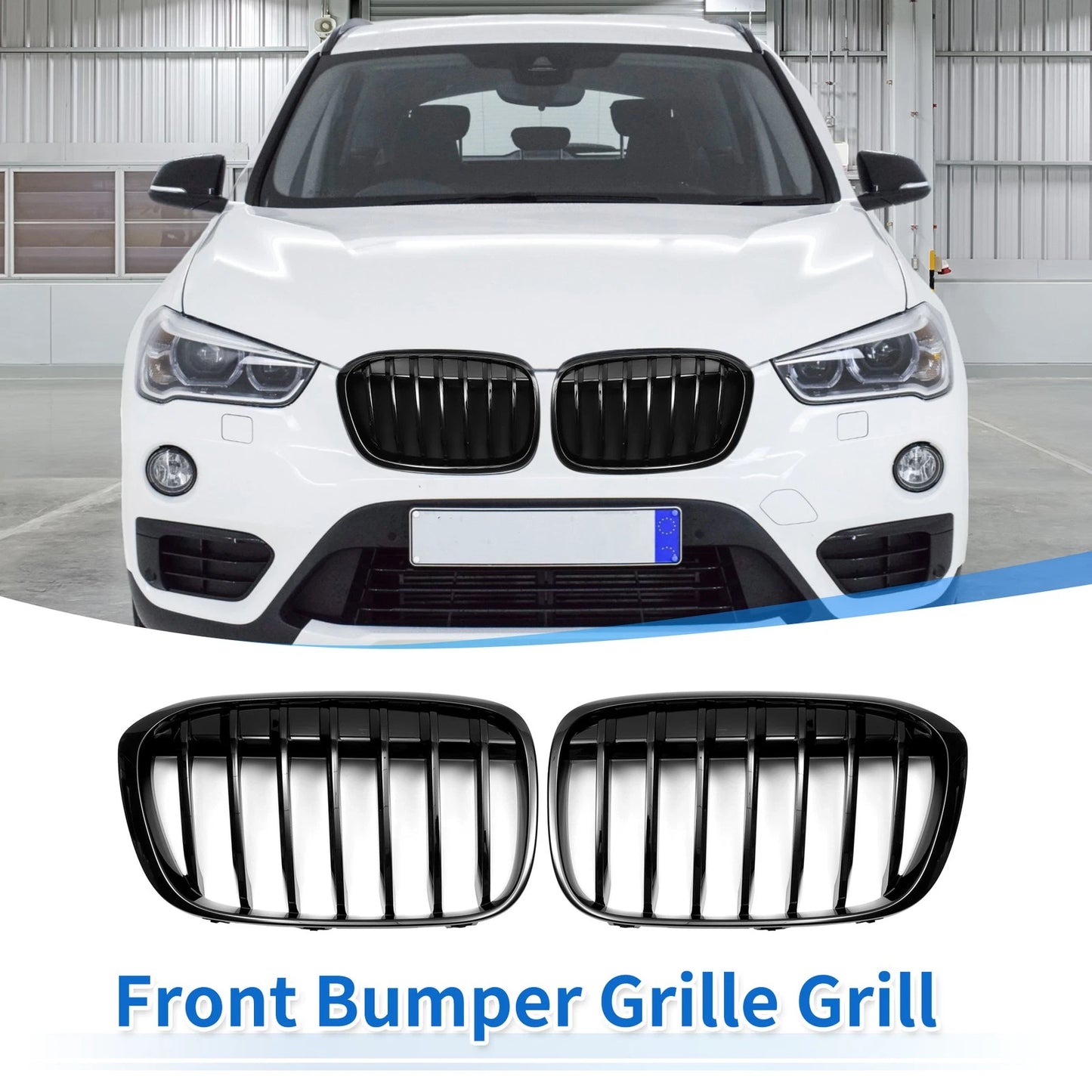 1 Pair Front Upper Bumper Grille for BMW X1 F48 (2016–2022) Gloss Black