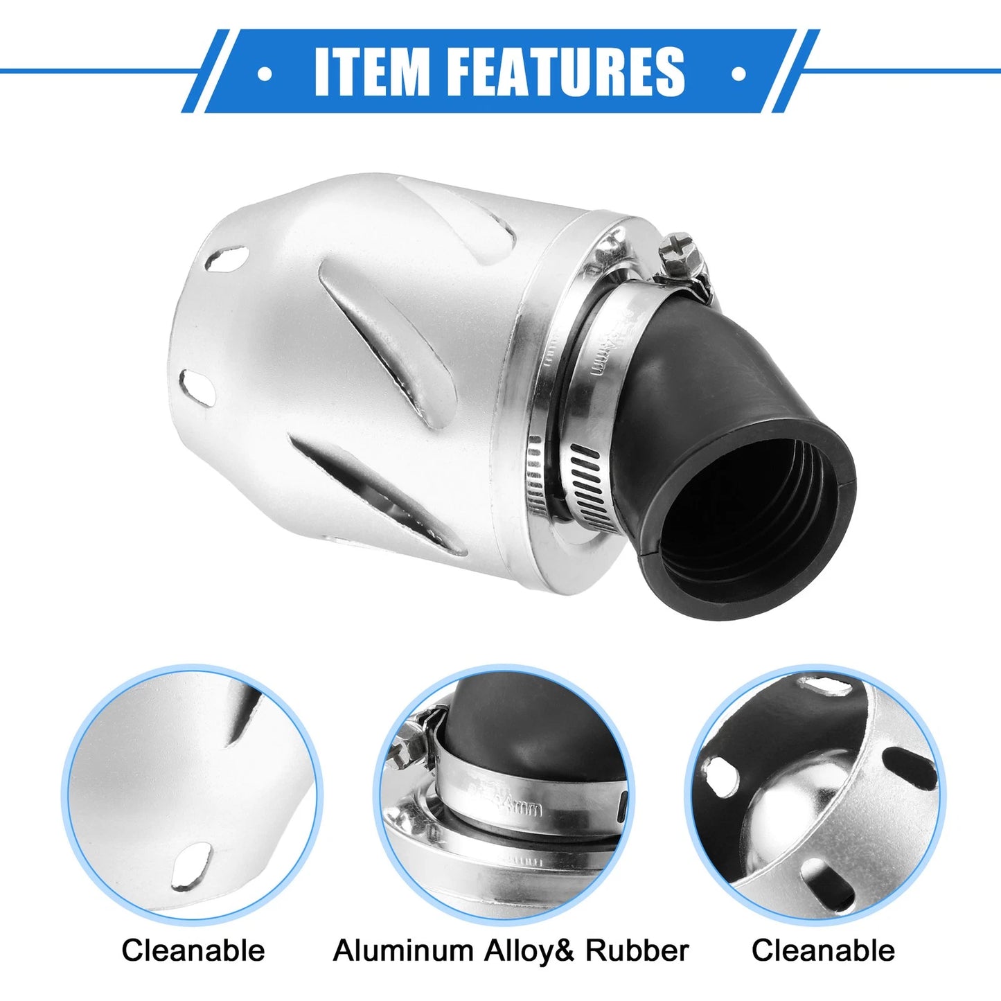 Air Filter for Universal Motorcycle (35mm ID, 140x70mm) Aluminum Alloy Silver Tone