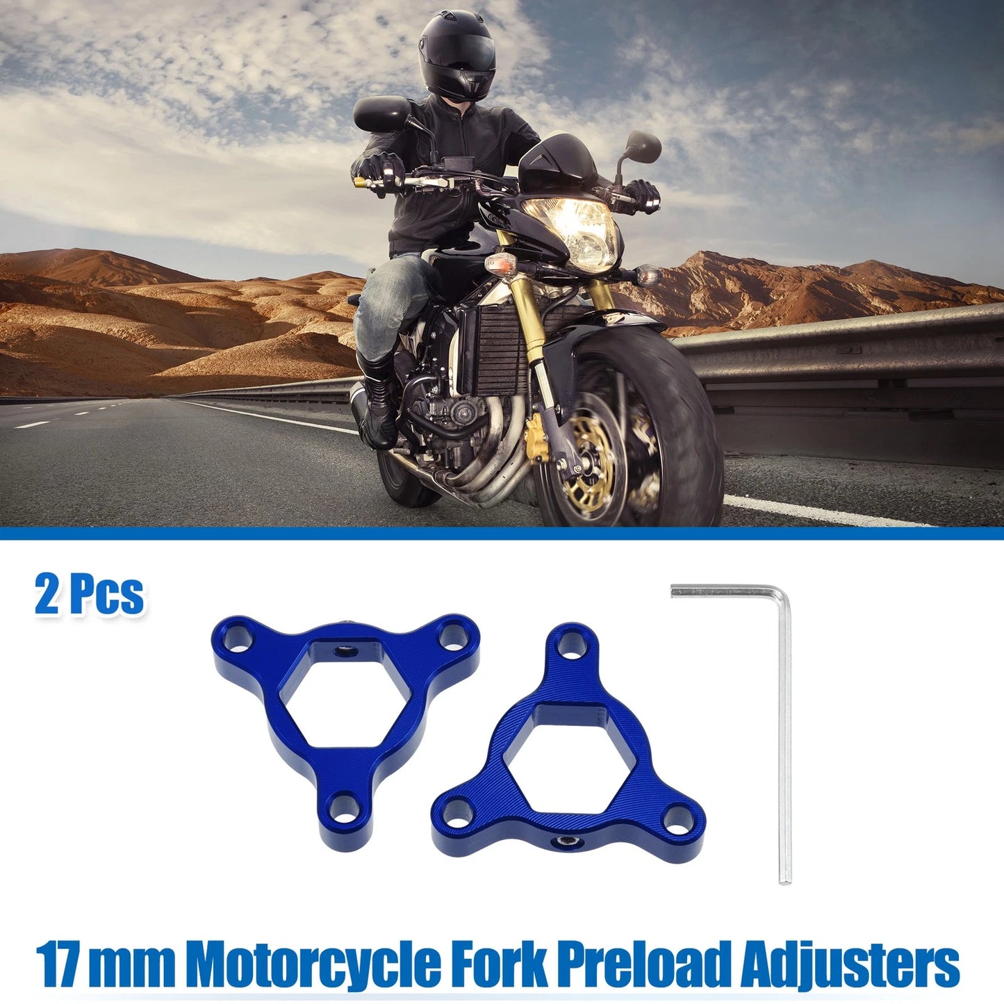 2X 17mm Fork Preload Adjusters for Racing Motorcycle (Aluminum Alloy, Blue)