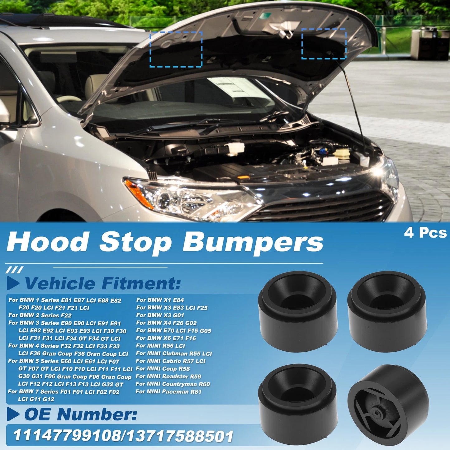 Set of 4 Hood Bump Stop Rubber Bumper Cushions for BMW 1 Series (E81 E87) 11147799108