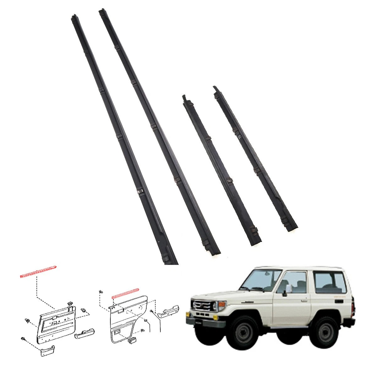 Set of 4 Door Glass Inner Weatherstrips for Toyota Land Cruiser (FZJ76, GRJ79, HZJ79)