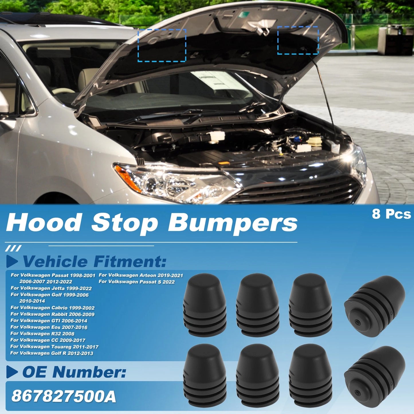 8Pcs Hood Bump Stop Rubber Bumper Cushion for Volkswagen Passat (1998–2001) 867827500A