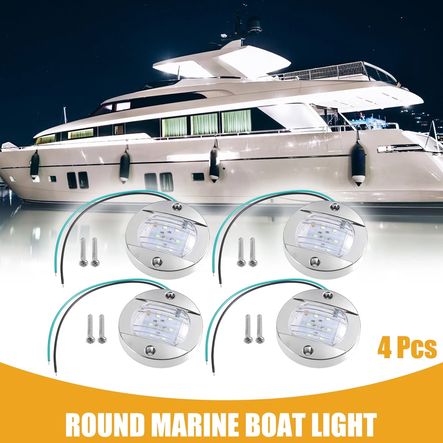 Set of 4 Round Marine Boat Lights with 6 LEDs - Green