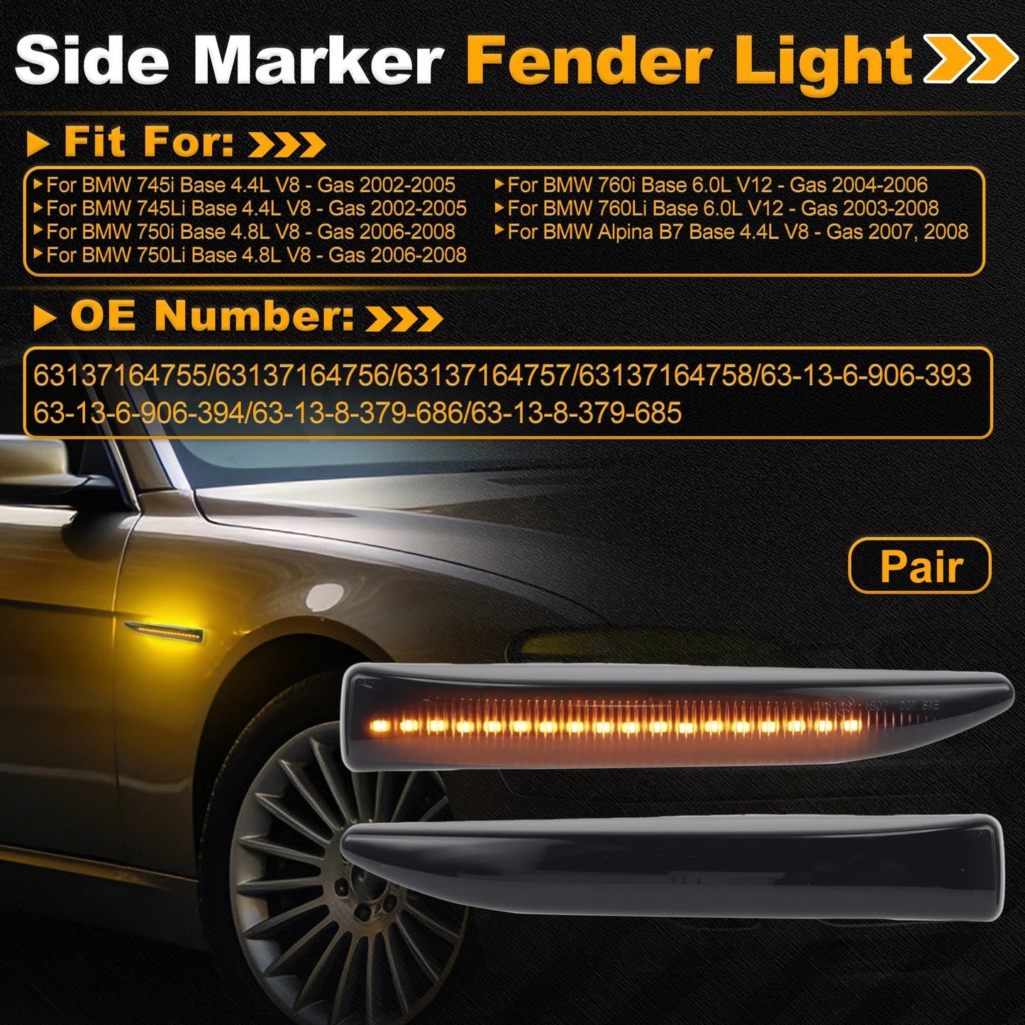 Side Marker Fender Light 63137164755 for BMW 745i (2002–2005) 1 Pair