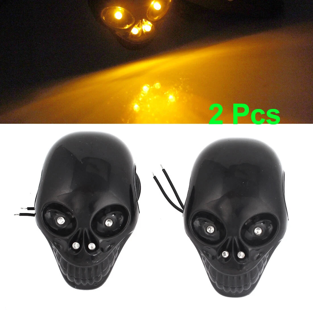 2X Yellow LED Black Skull Shape Side Marker Light for Motorcycle