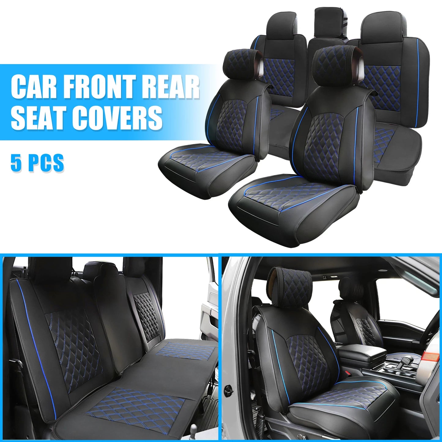 Set of 5 Front Rear Seat Covers for Toyota Tacoma (2005–2024) Black Blue