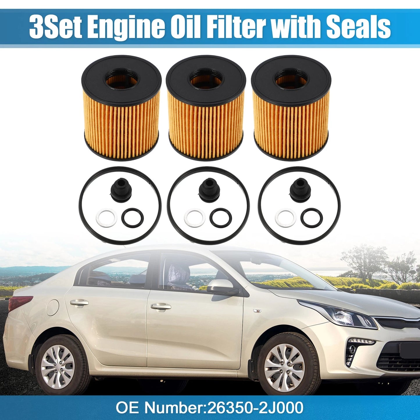 Set of 3 Engine Oil Filters 26350-2J000 for Hyundai Elantra 2.0L (2021–2022)