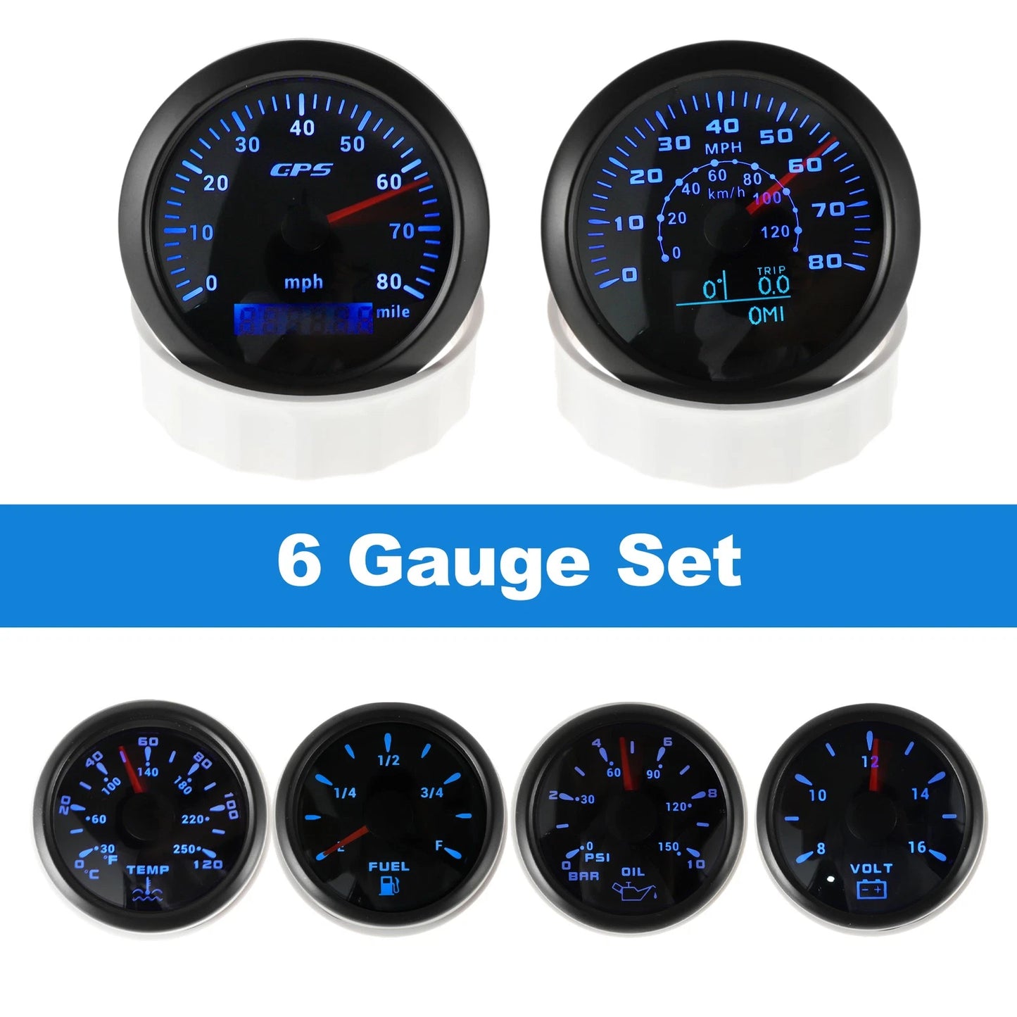 6 Gauge Set GPS Speedometer Tacho Fuel Temp Oil Volt for Marine Boat Car