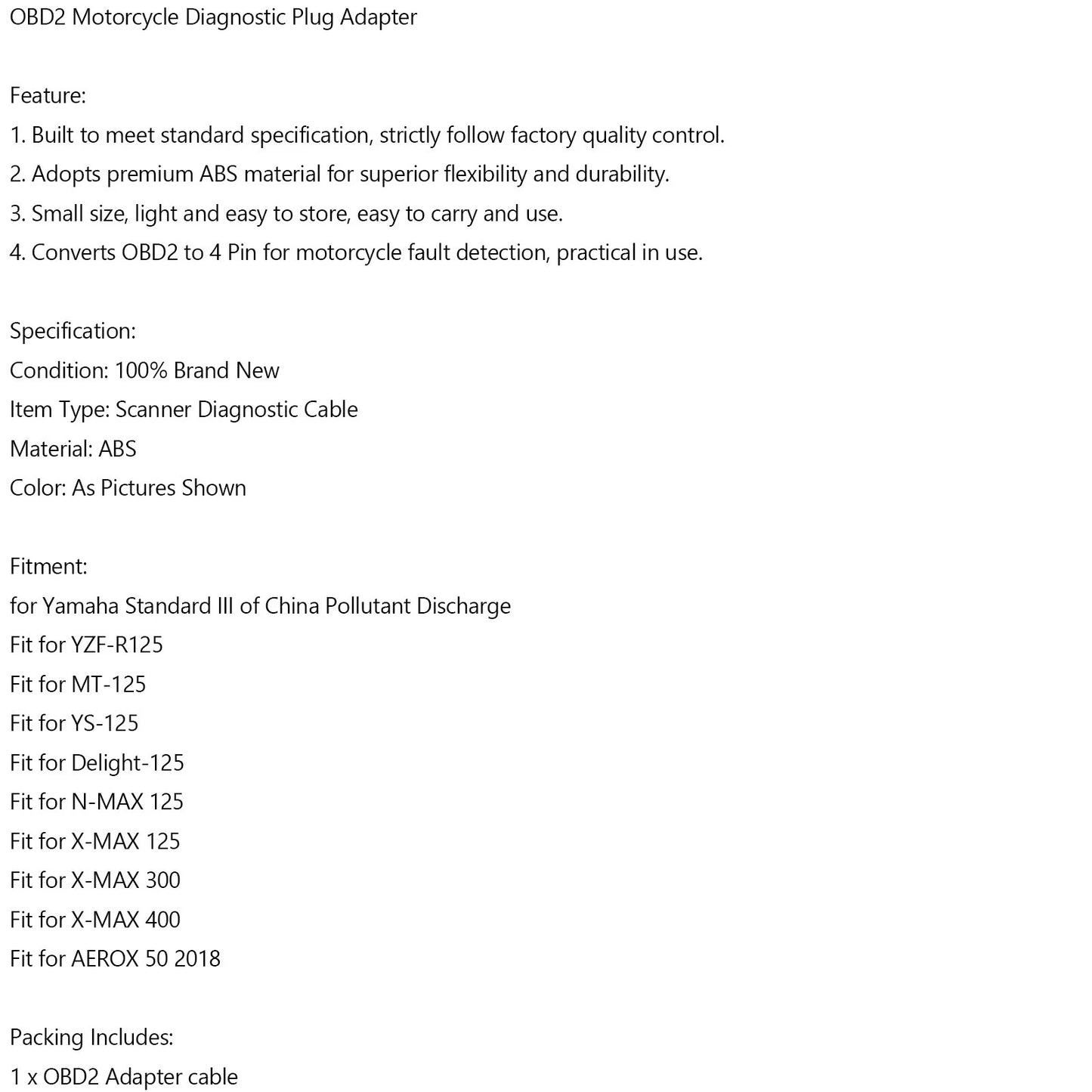 3 Pin to OBD2 Diagnostic Adapter Cable for Yamaha X-MAX (2018-2023)