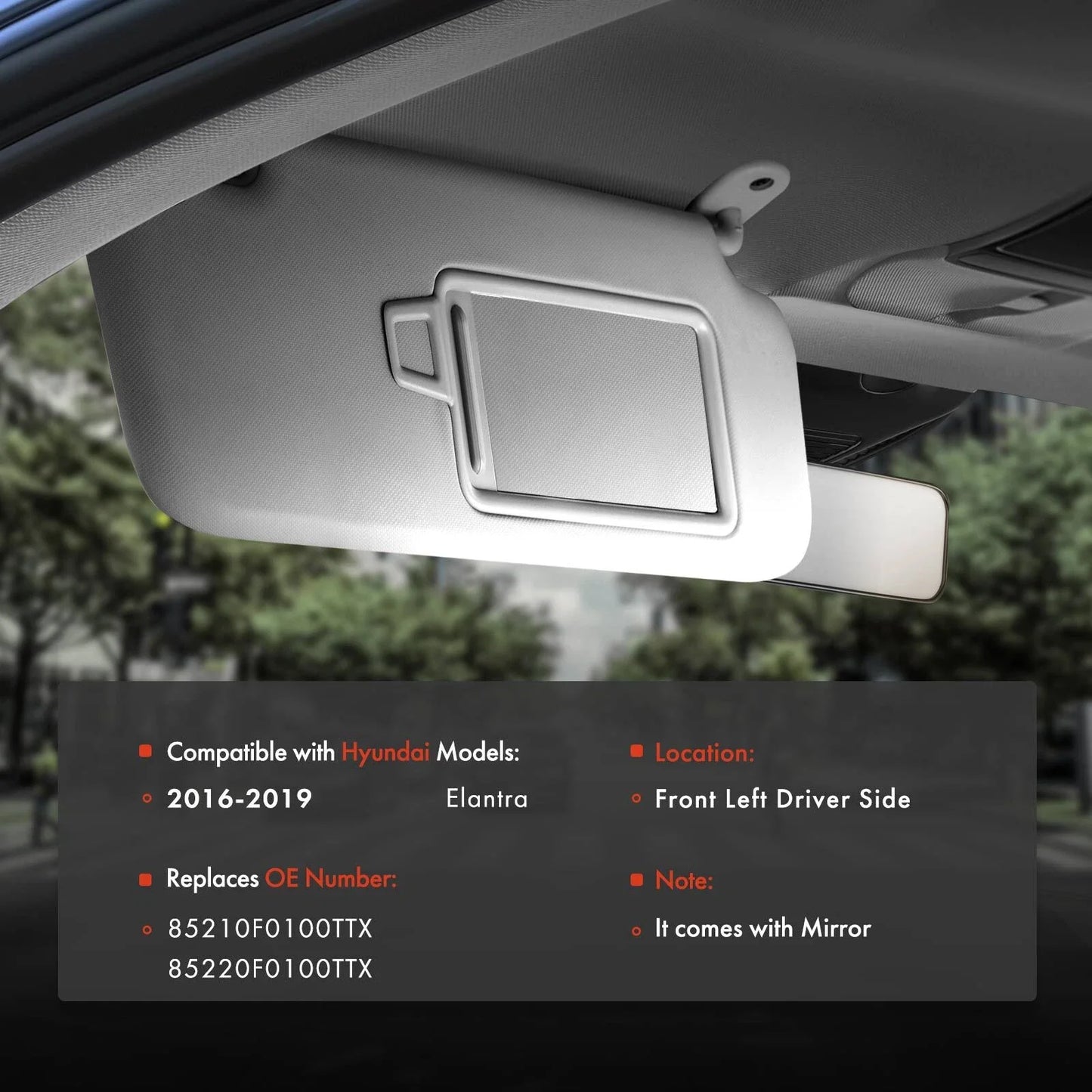 Driver Left Gray Sun Visor with Mirror for Hyundai Elantra (2016–2019)