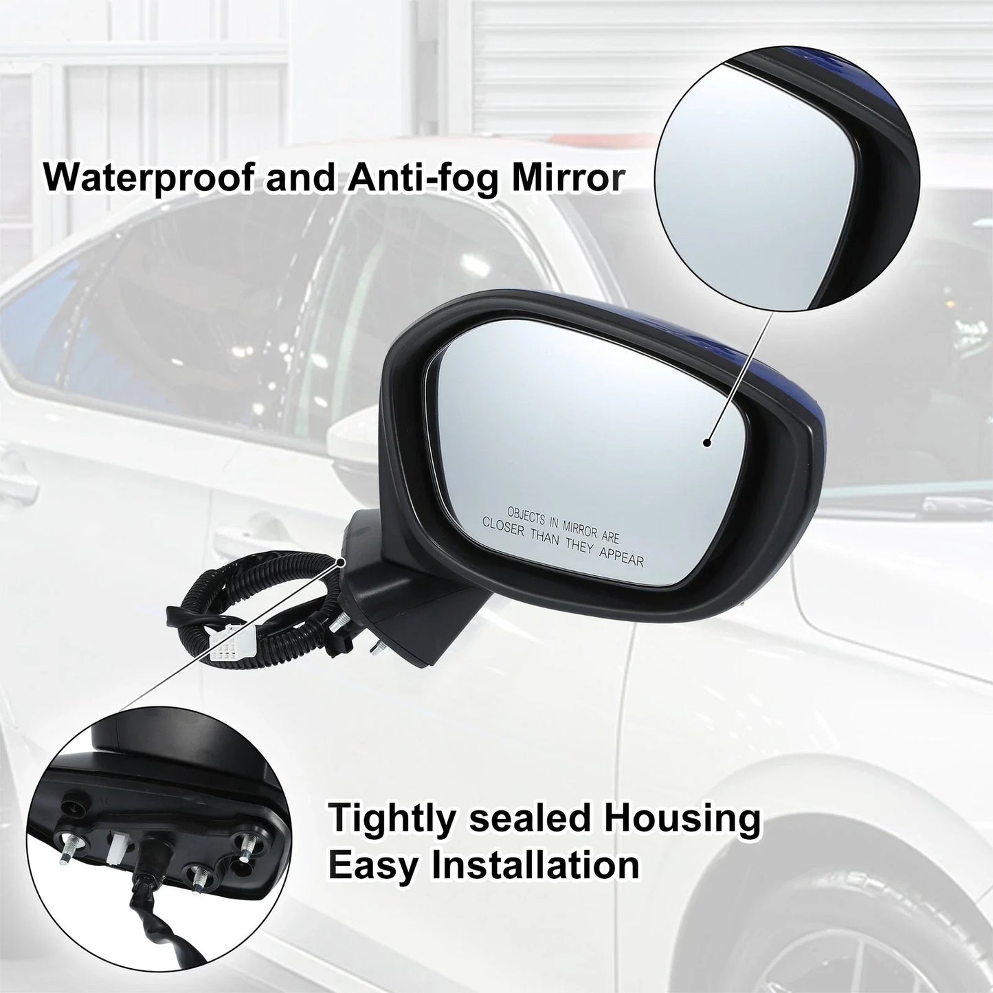3 Pin Right Side Exterior Door Mirror Assembly Blue for Honda Civic (2022-2023)