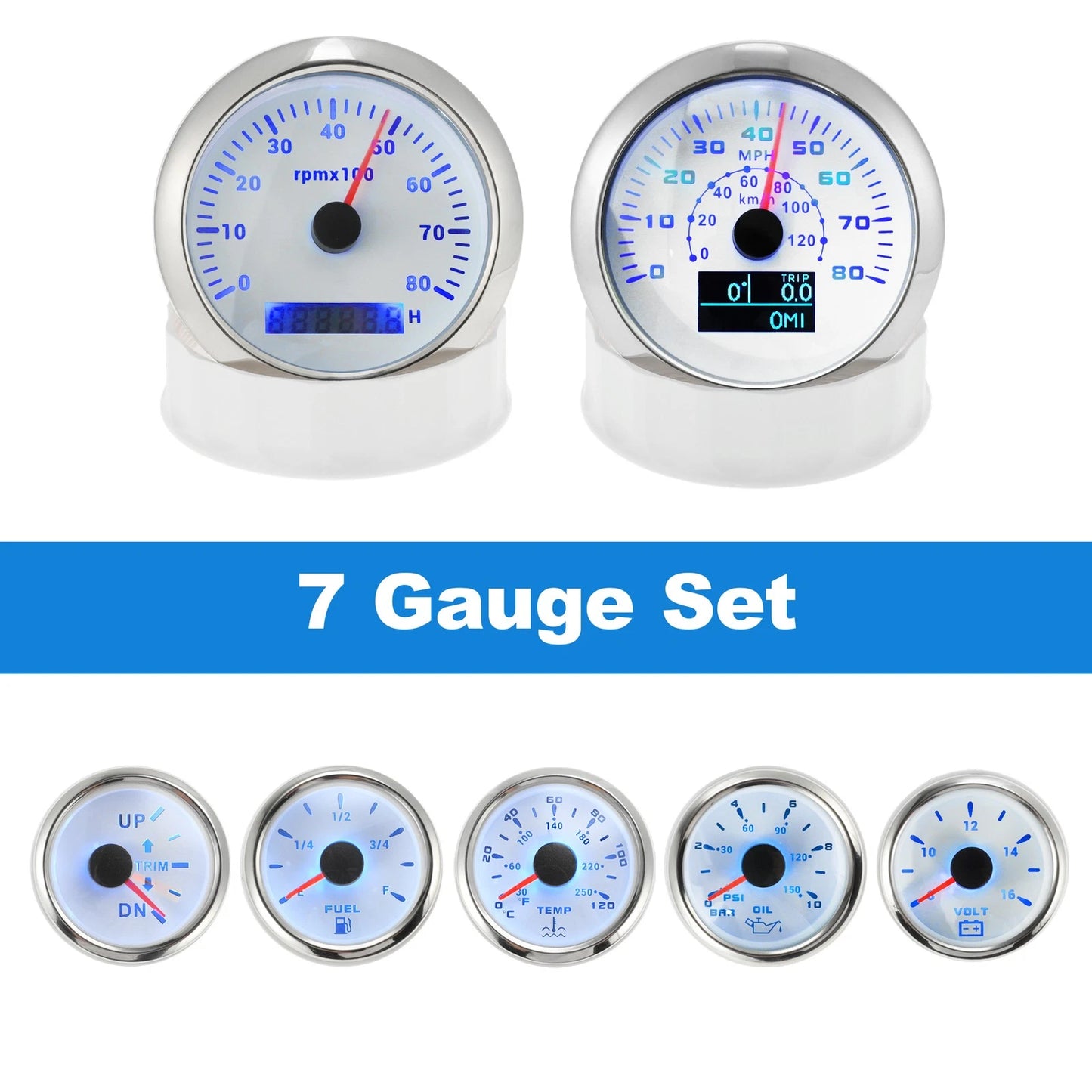 7 Gauge Set for Marine Boat (GPS Speedometer, Tacho, Fuel, Temp, Oil, Volt, Trim)