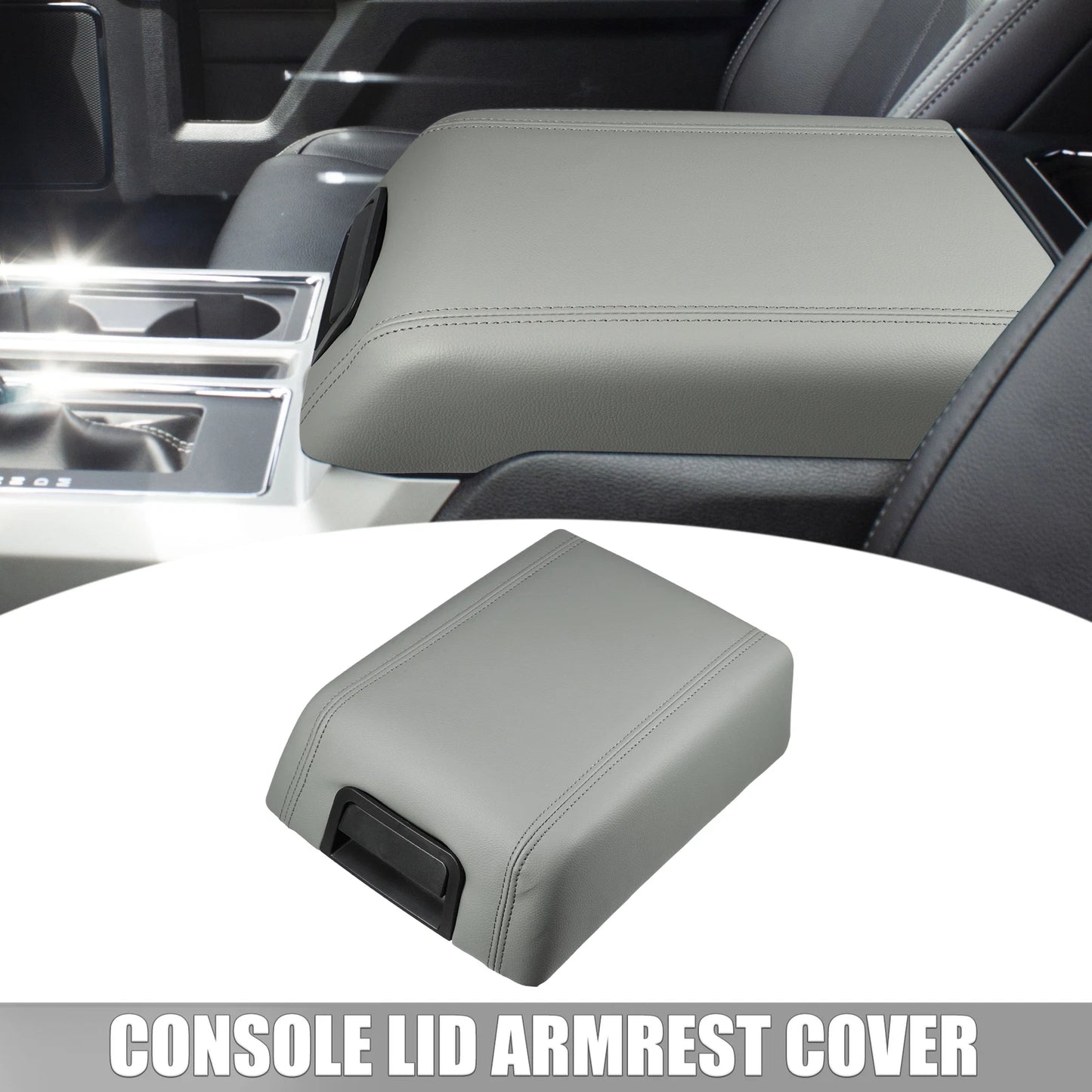 Center Console Lid Armrest Cover for Ford F-150 (2015–2023) Gray Faux Leather