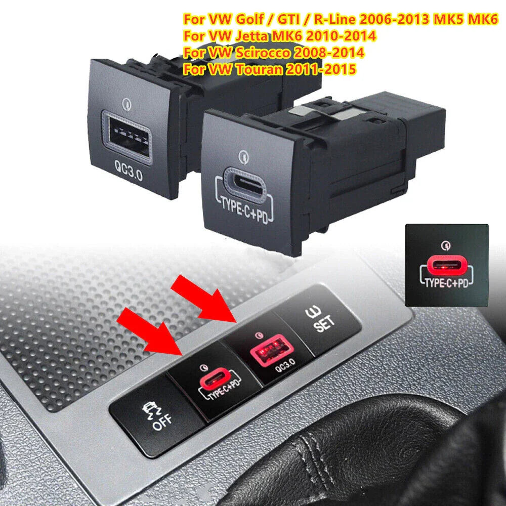 USB QC3.0 Charger PD Kit 1x for VW Jetta MK6/Golf GTI R-Line (2010–2014)