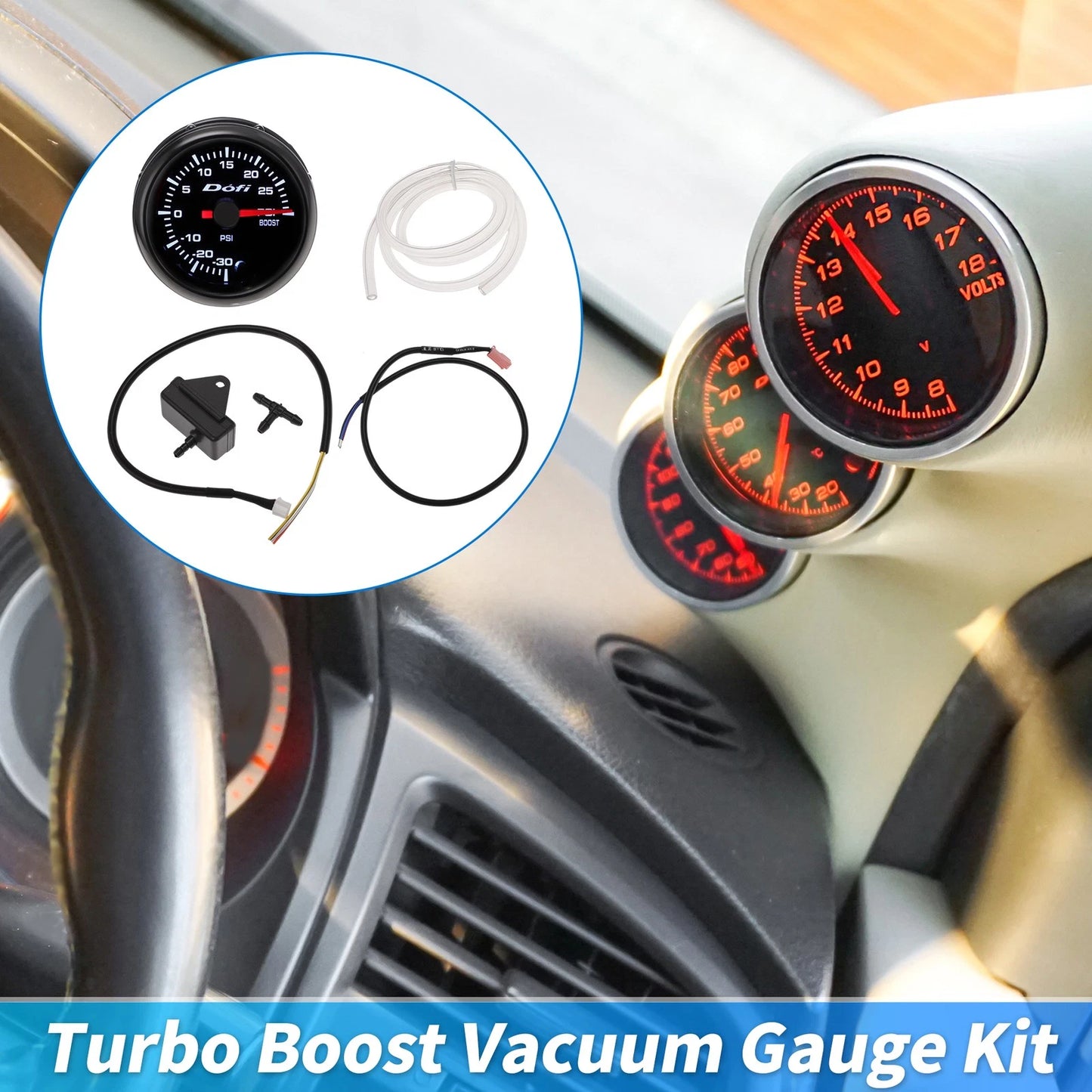 52mm Turbo Boost Vacuum Gauge 0-30PSI -30-0inHg Black Dial w/ LED