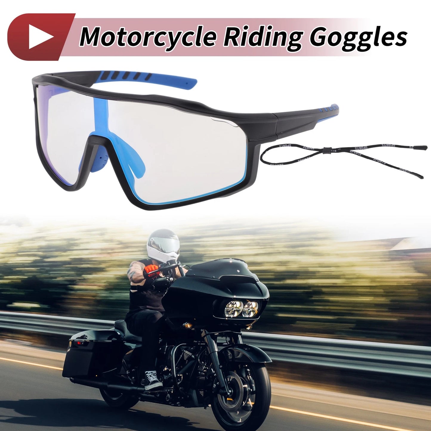 Motorcycle Riding Goggles for Various Models (Light Blue Lens, Black Blue Frame)