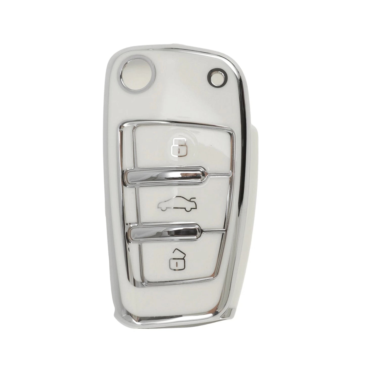 Flip Key Case for Audi A1 (2010–2018) - TPU Silicone, 3 Buttons, White Silver Tone