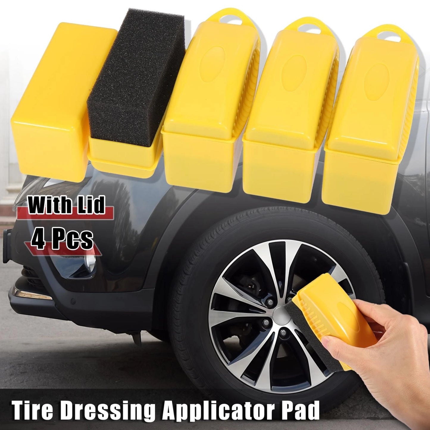 Set of 4 Tire Wheel Dressing Applicator Wax Pads with Lid - Yellow