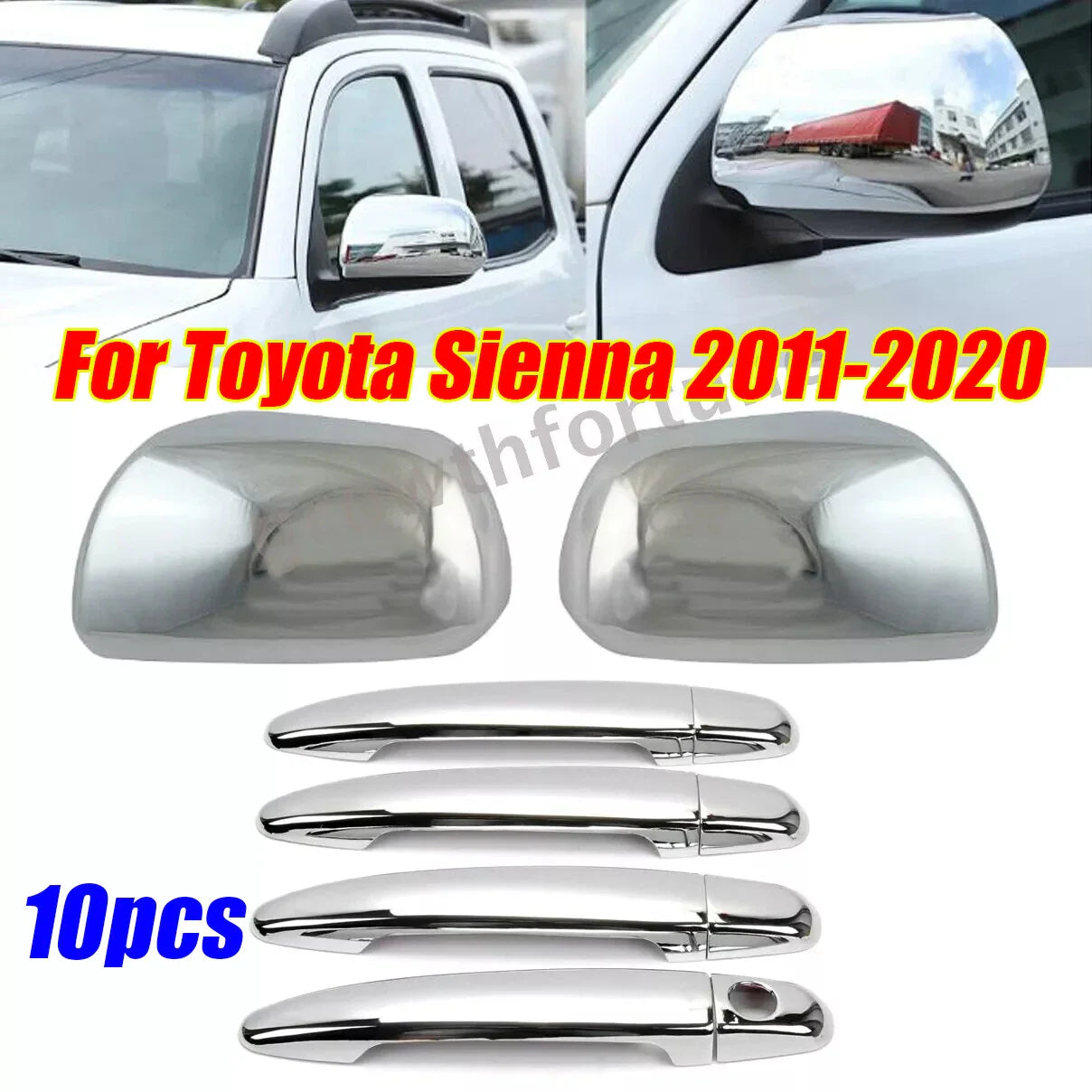 10Pcs/Set Chrome Mirror+Door Handle Lid Cover Trim for Toyota Sienna (2011-2020)