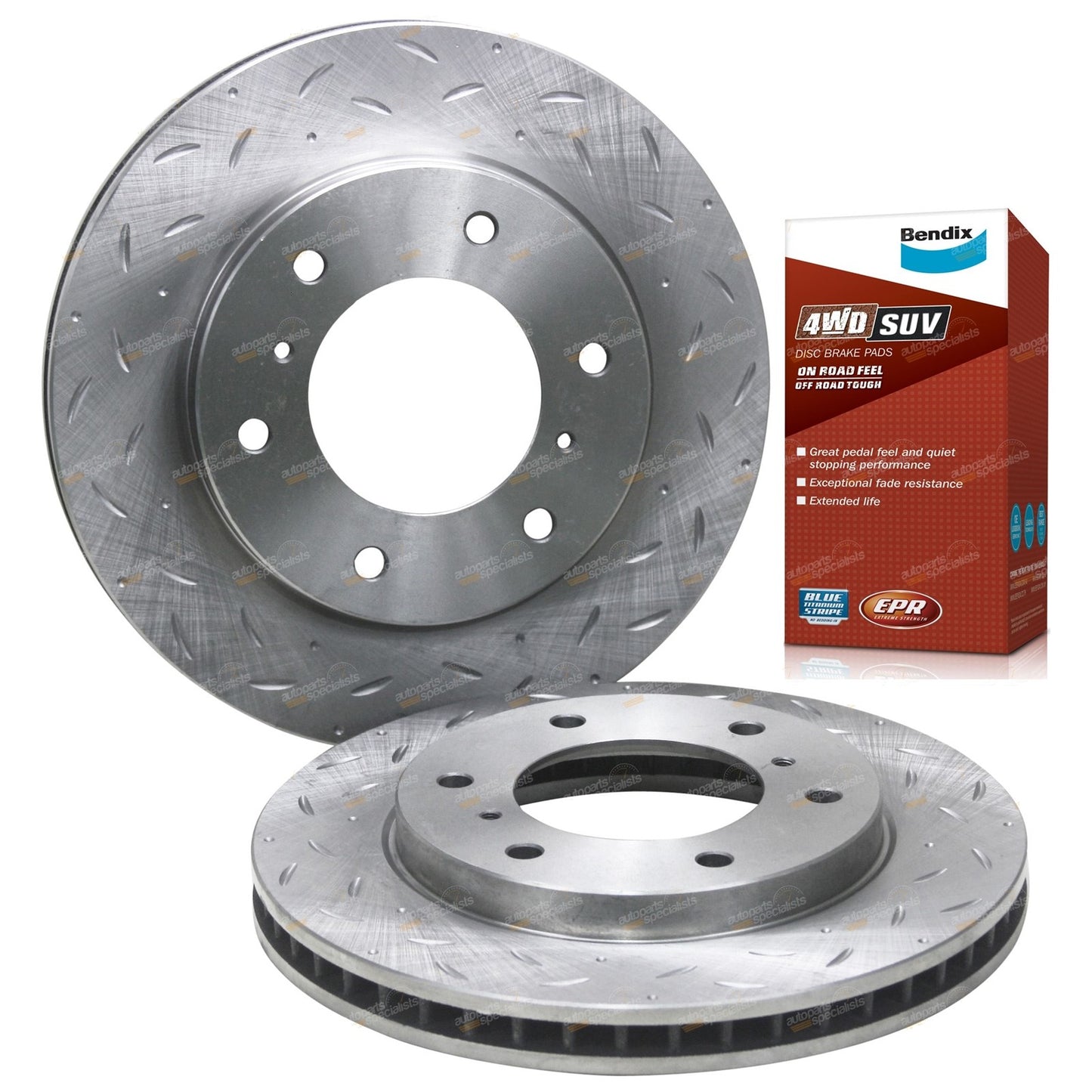 Front Slotted & Dimpled Disc Brake Rotors with Bendix Pads for Challenger
