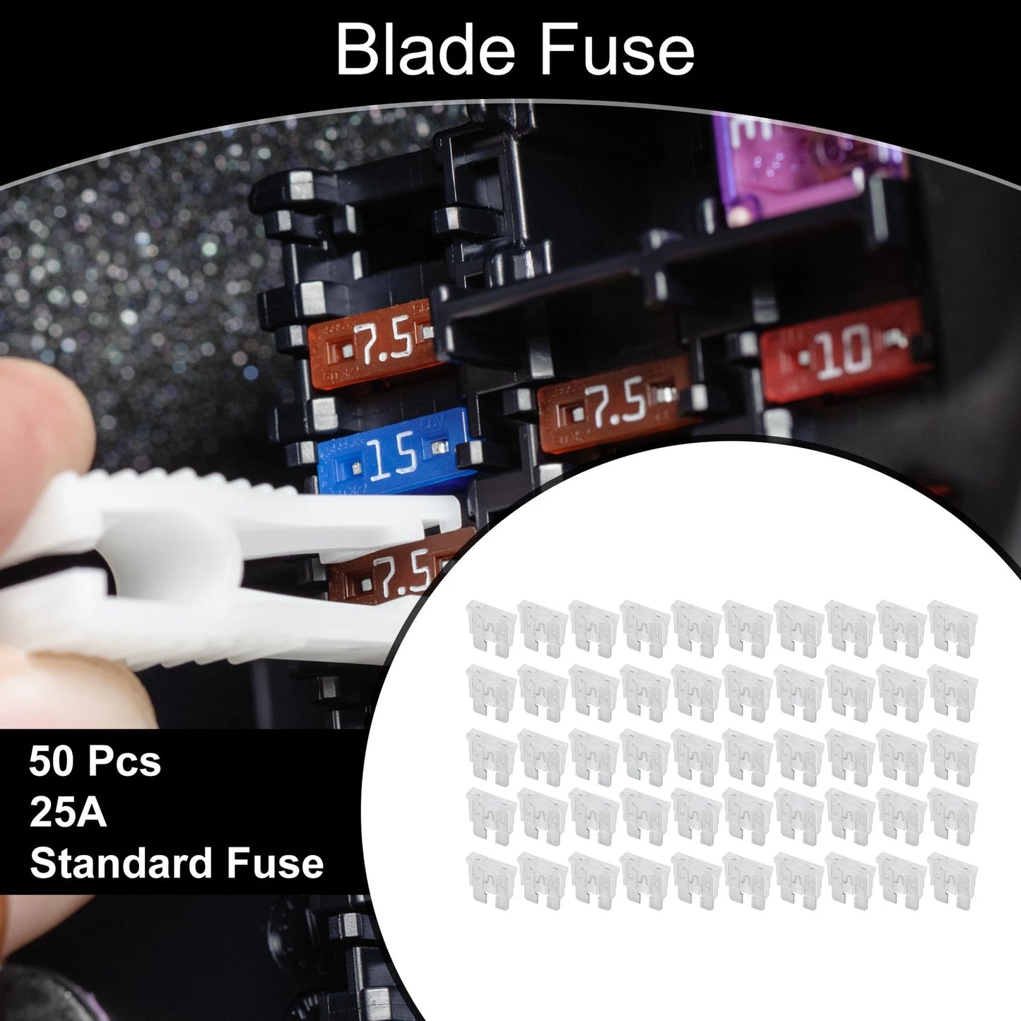 Set of 50 Standard 25A Blade Fuses for Car Boat Truck RV Motorcycle