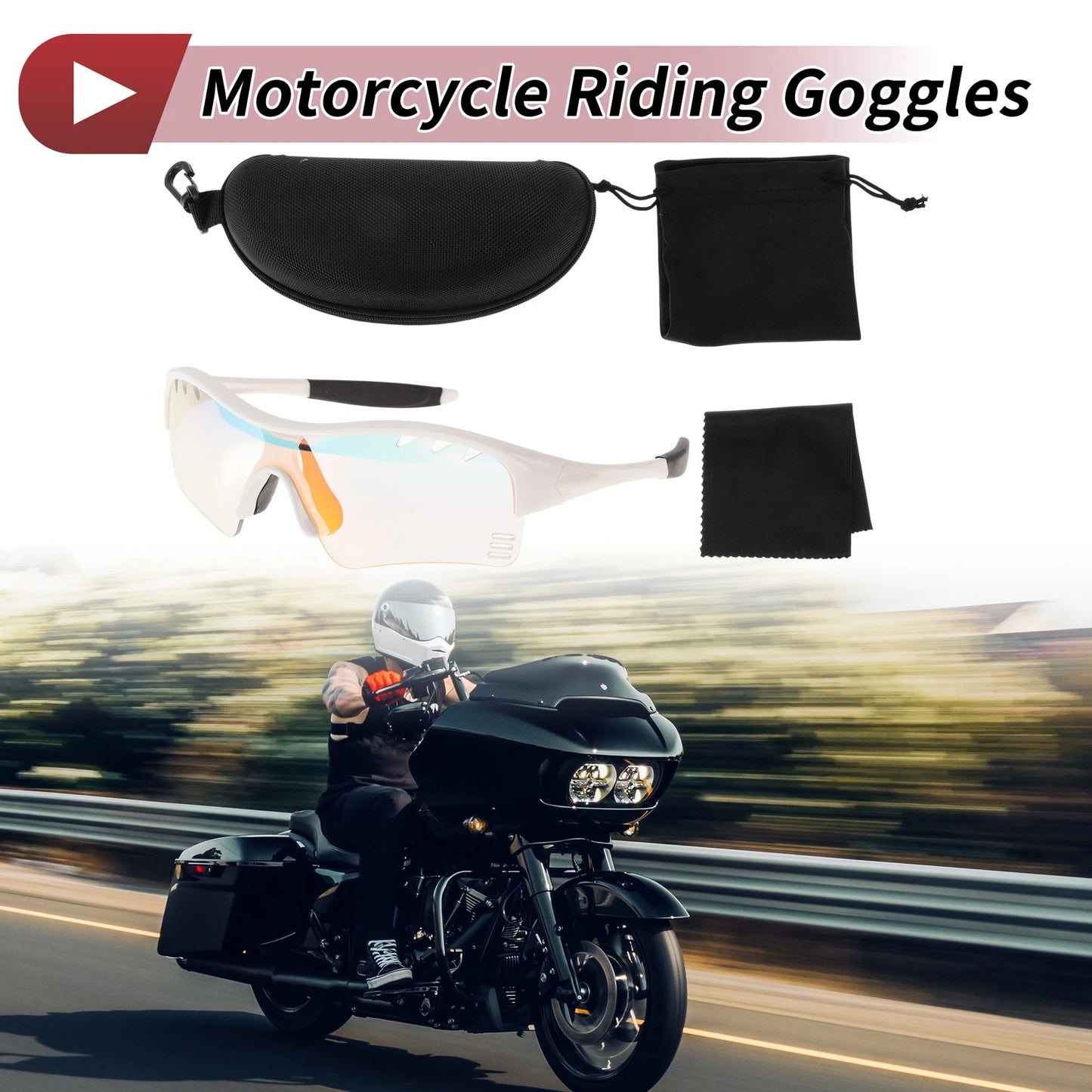 Motorcycle Riding Goggles for Various Models (Light Red Lens, White Frame)