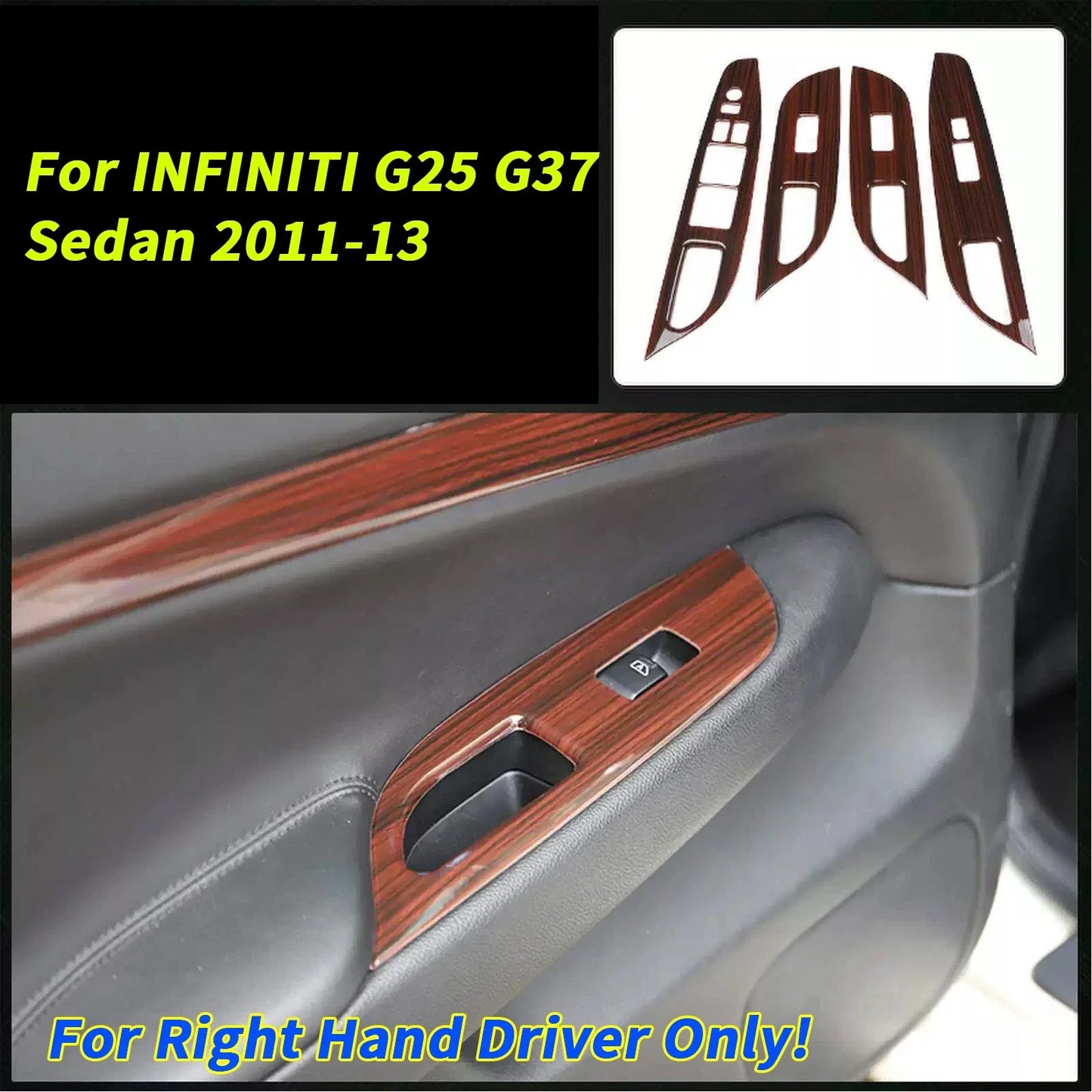 RHD 4x Wood Grain Door Lift Panel Cover for INFINITI G25 G37 Sedan (2011–2013)