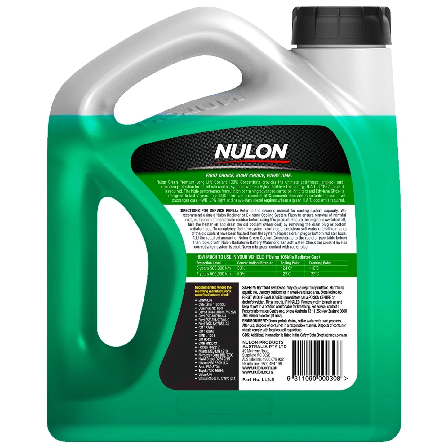 Nulon Green Premium Long Life Coolant 2.5L for Various Models