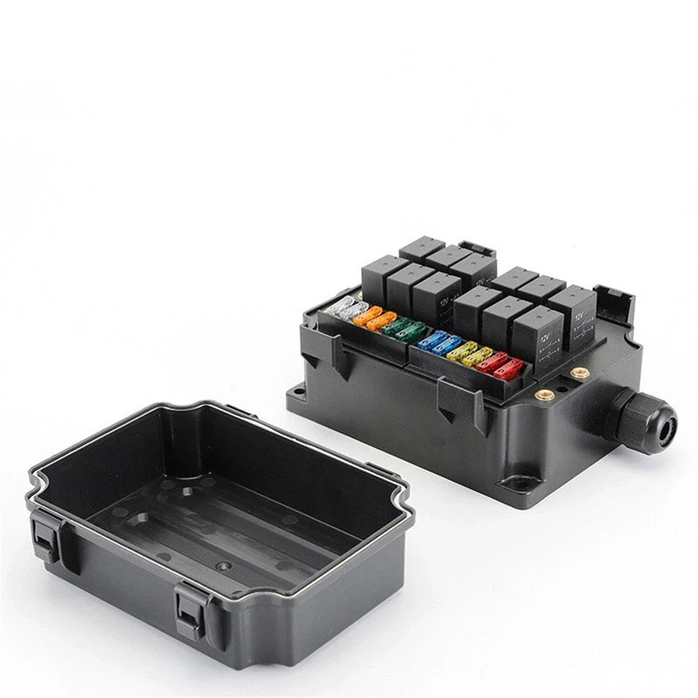 12V 12-Way Fuse Relay Box w/ 5-Pin 40A Relays & Fuses for Car Truck