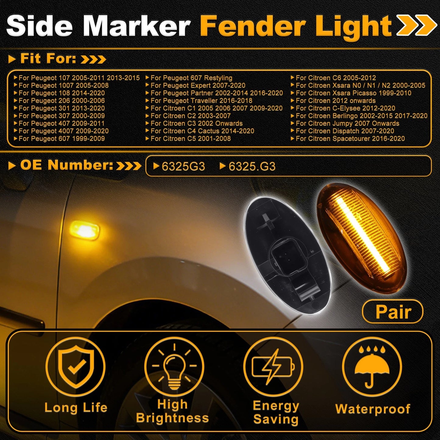 Set of 2 Side Marker Fender Lights 6325G3/6325.G3 for Peugeot 107 (2005–2015)