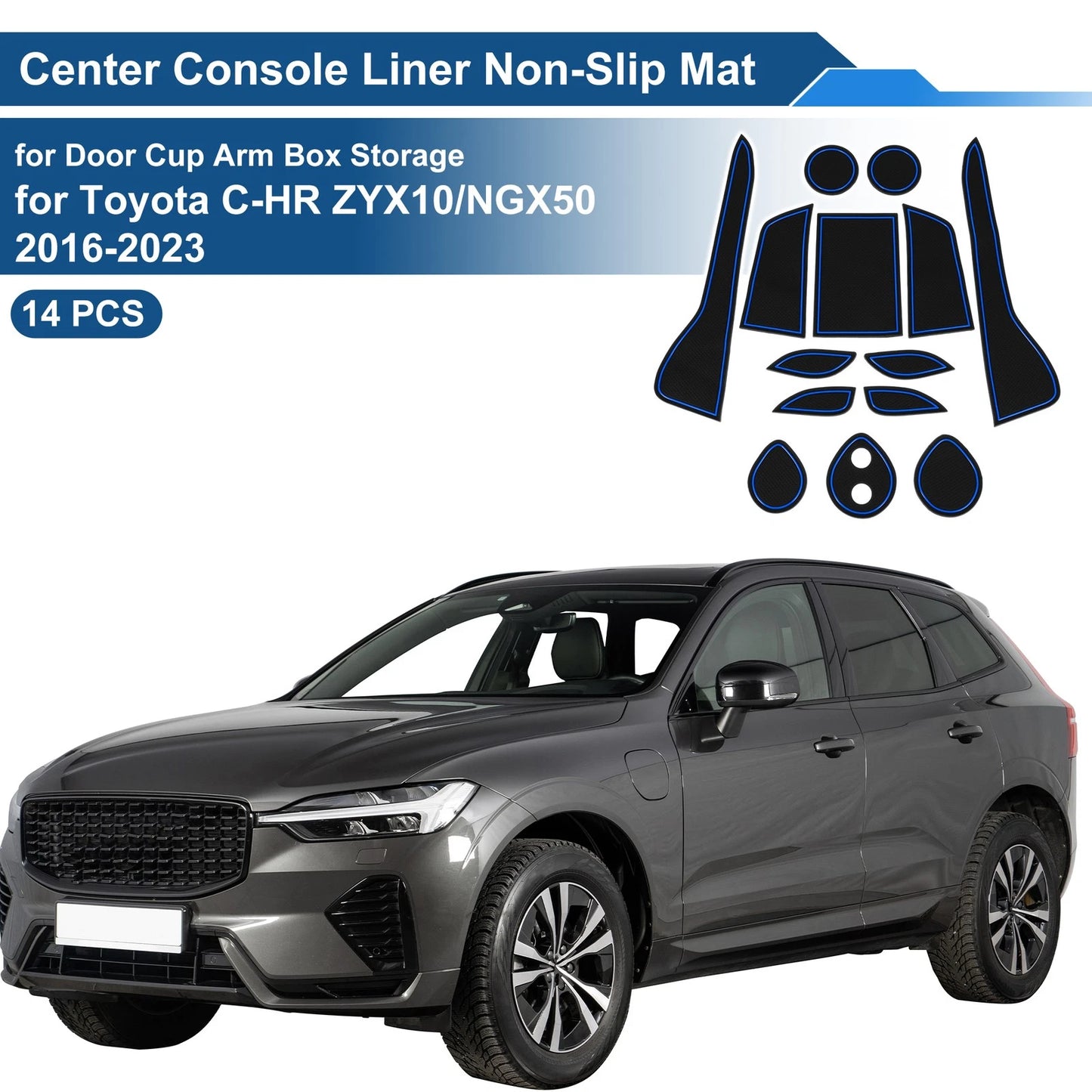 Set of 14 Non-Slip Mats for Toyota C-HR ZYX10/NGX50 (2016–2023) PVC Blue