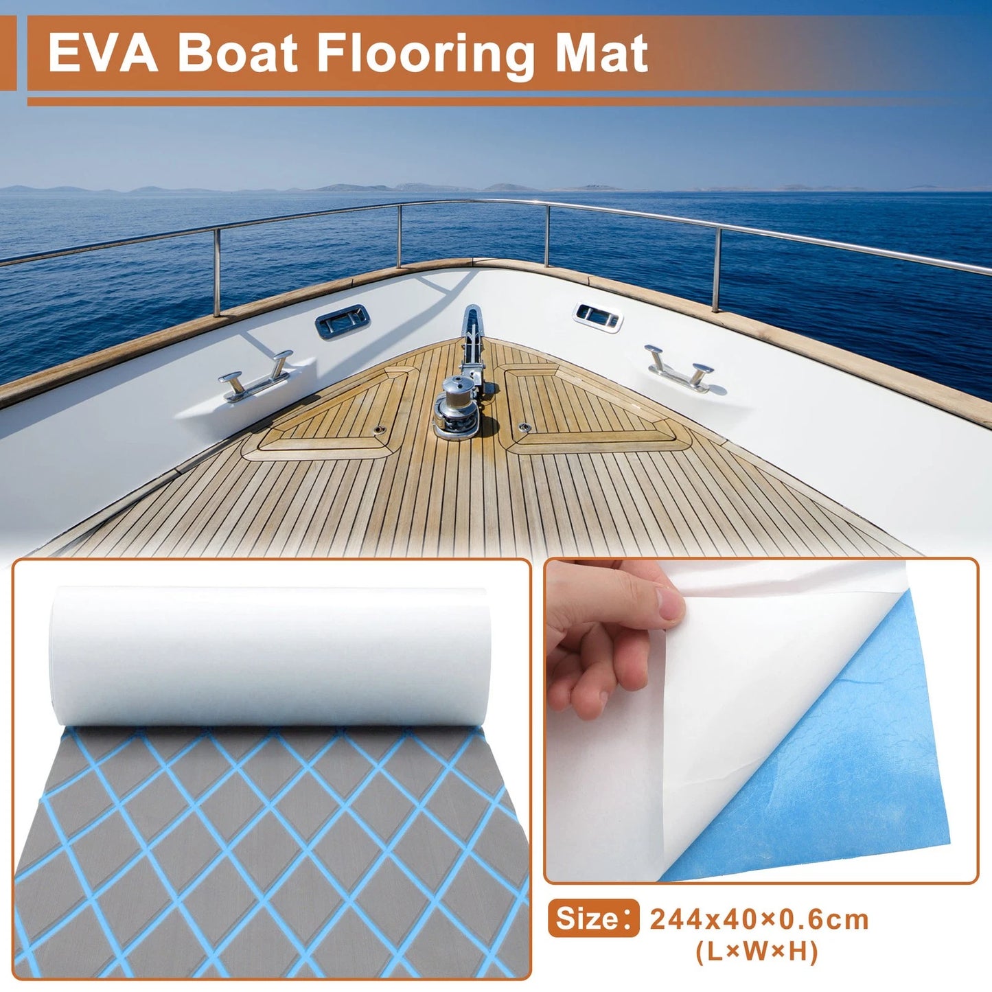 Self-Adhesive Boat Flooring Strip 96" L x 16" W Dark Gray with Blue Line