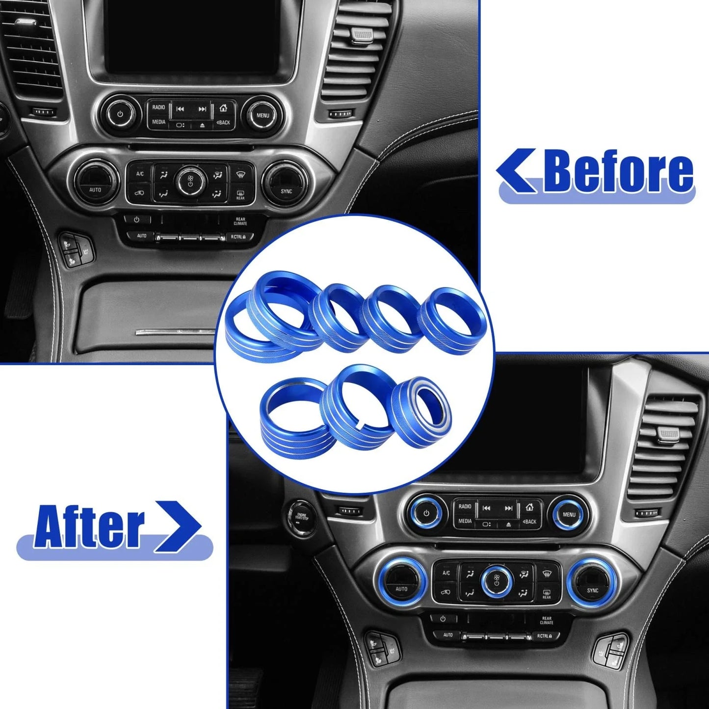 8 Pcs Blue AC Radio Switch Knob Covers for Chevy Silverado, GMC Sierra (2014-2018)
