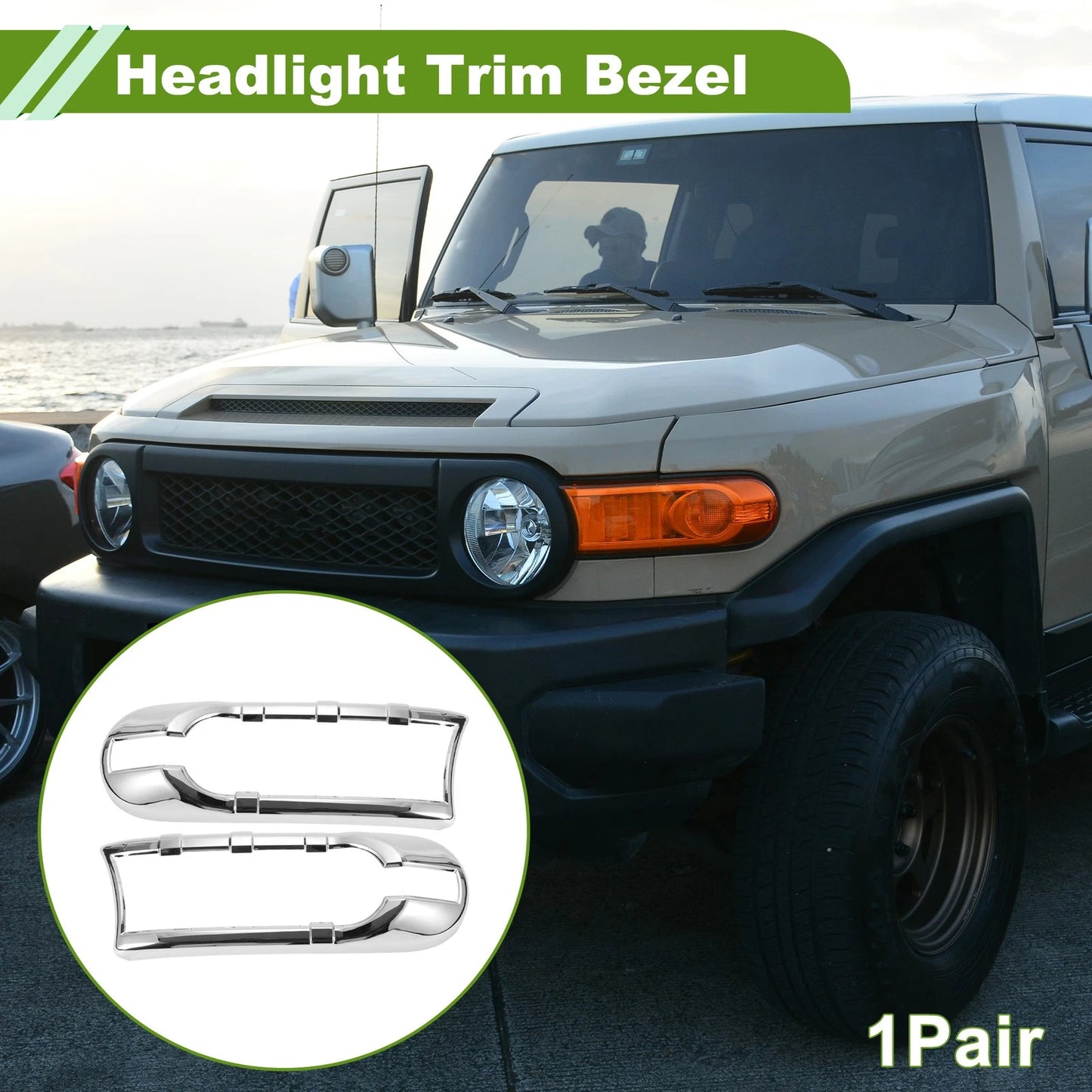Pair Headlight Trim Bezel for Toyota FJ Cruiser (2007–2014) Silver Tone