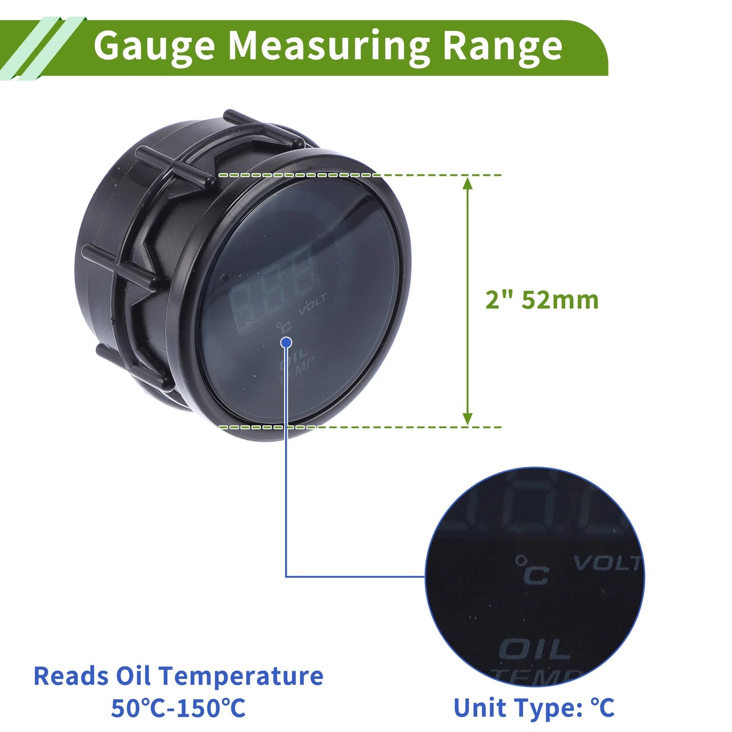 2" Oil Temp Gauge Meter Kit for Universal Vehicles (Digital, Blue LED)