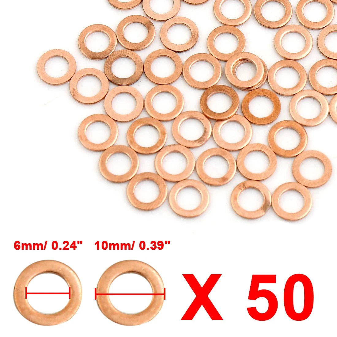 Set of 50 Copper Washers Flat Sealing Gasket Rings 6mm for Cars