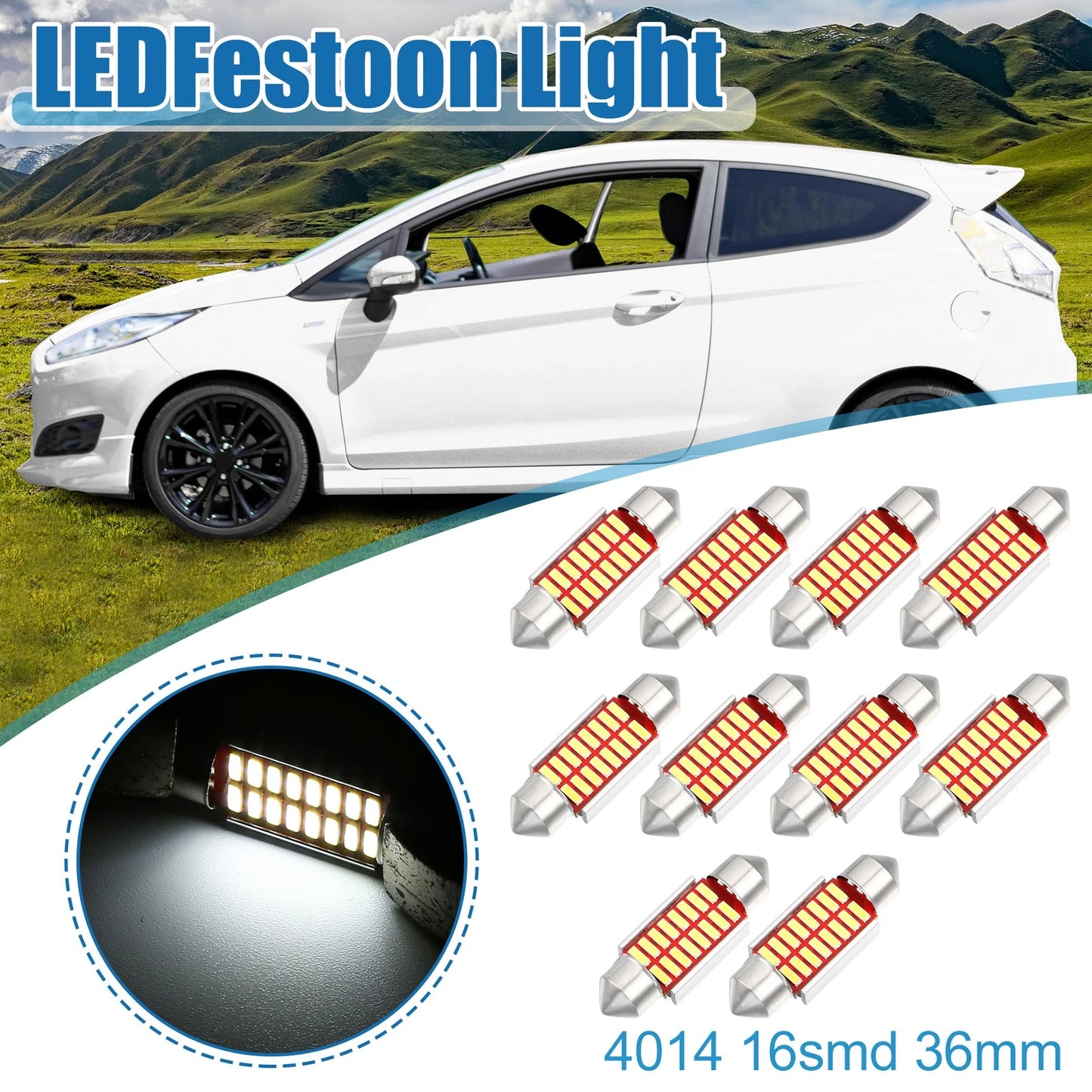 Set of 10 LED Festoon Lights 36mm 6411 C5W 16SMD 4014 Chipsets